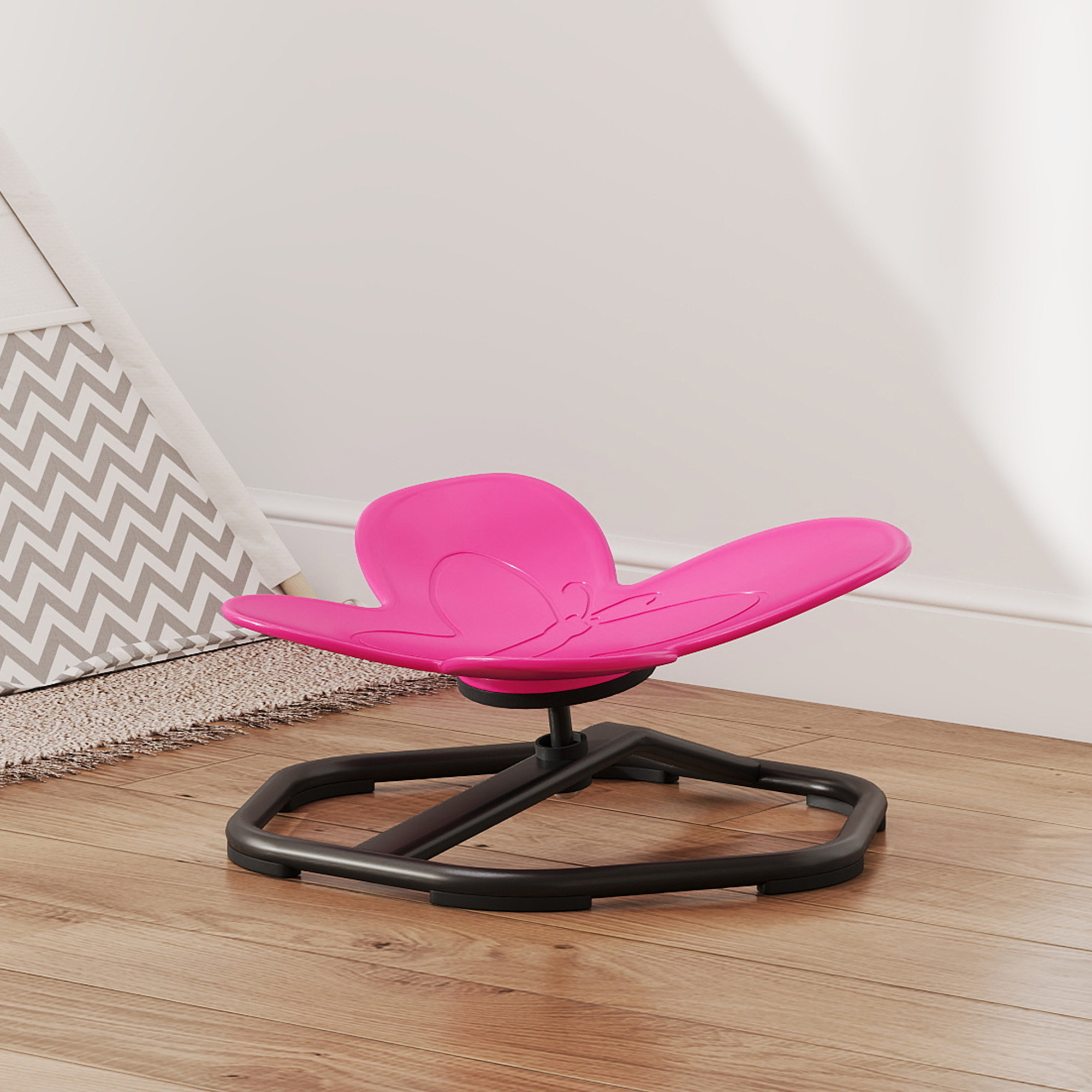 Sensorischer Drehstuhl für Kinder, Schmetterlings-Form, fördert Balance und Koordination, Kunststoff, Metall, Rosa