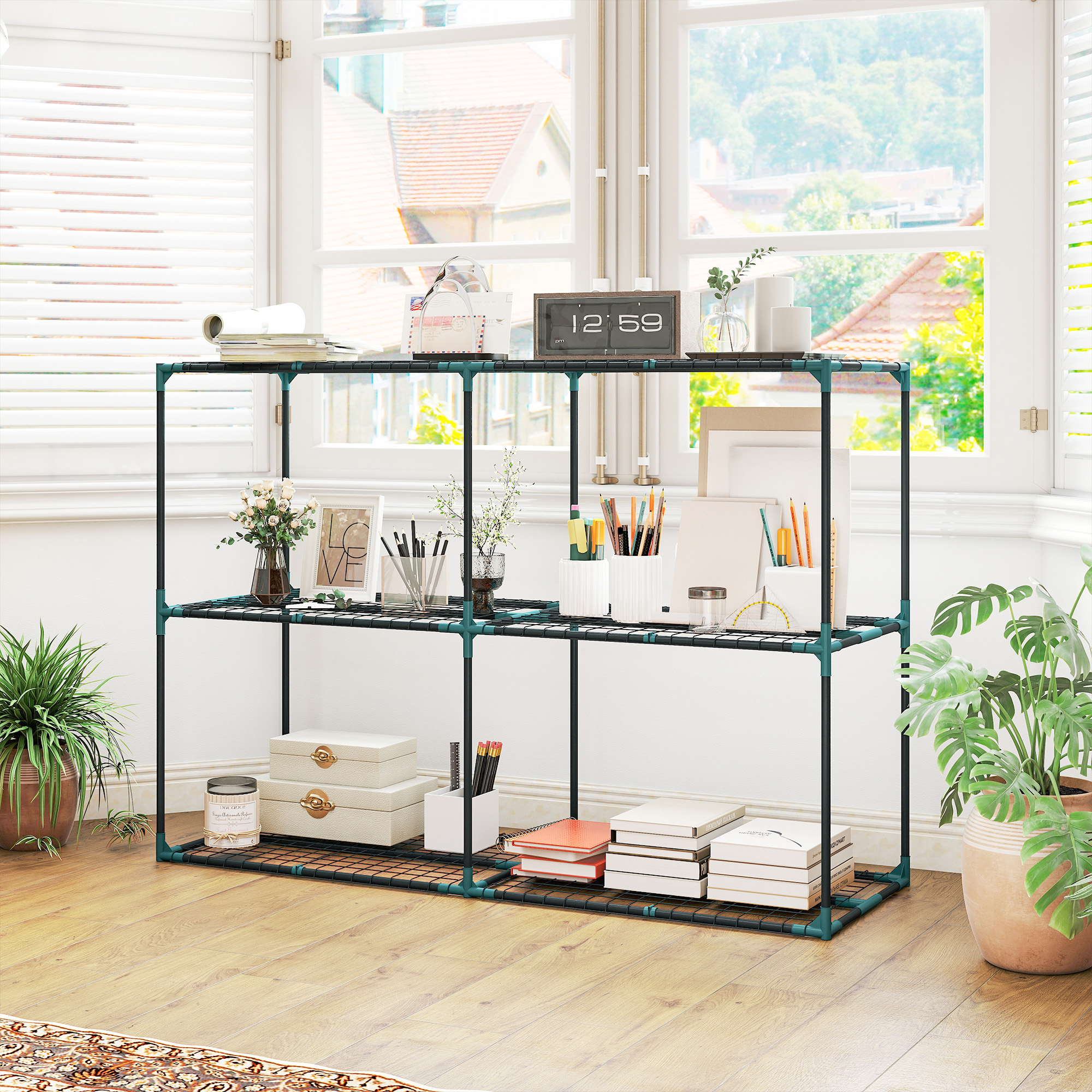 3-Etagen Pflanzenständer, 100 cm hoch Blumenständer mit Regalböden, mehrstöckig Stahl Dunkelgrün