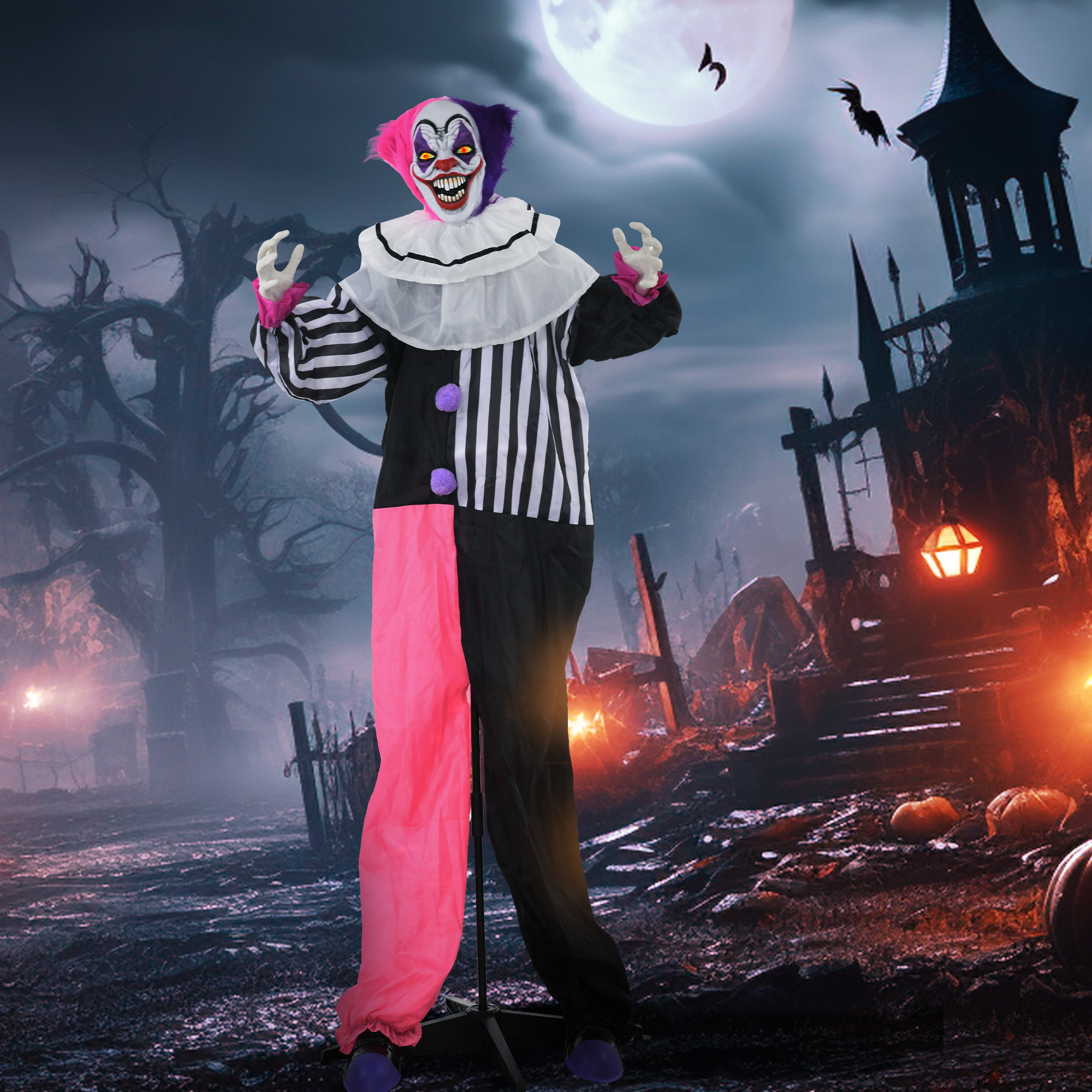 Grusel-Clown Halloween-Dekoration, beweglich, Lach-Funktion, Pink+Lila