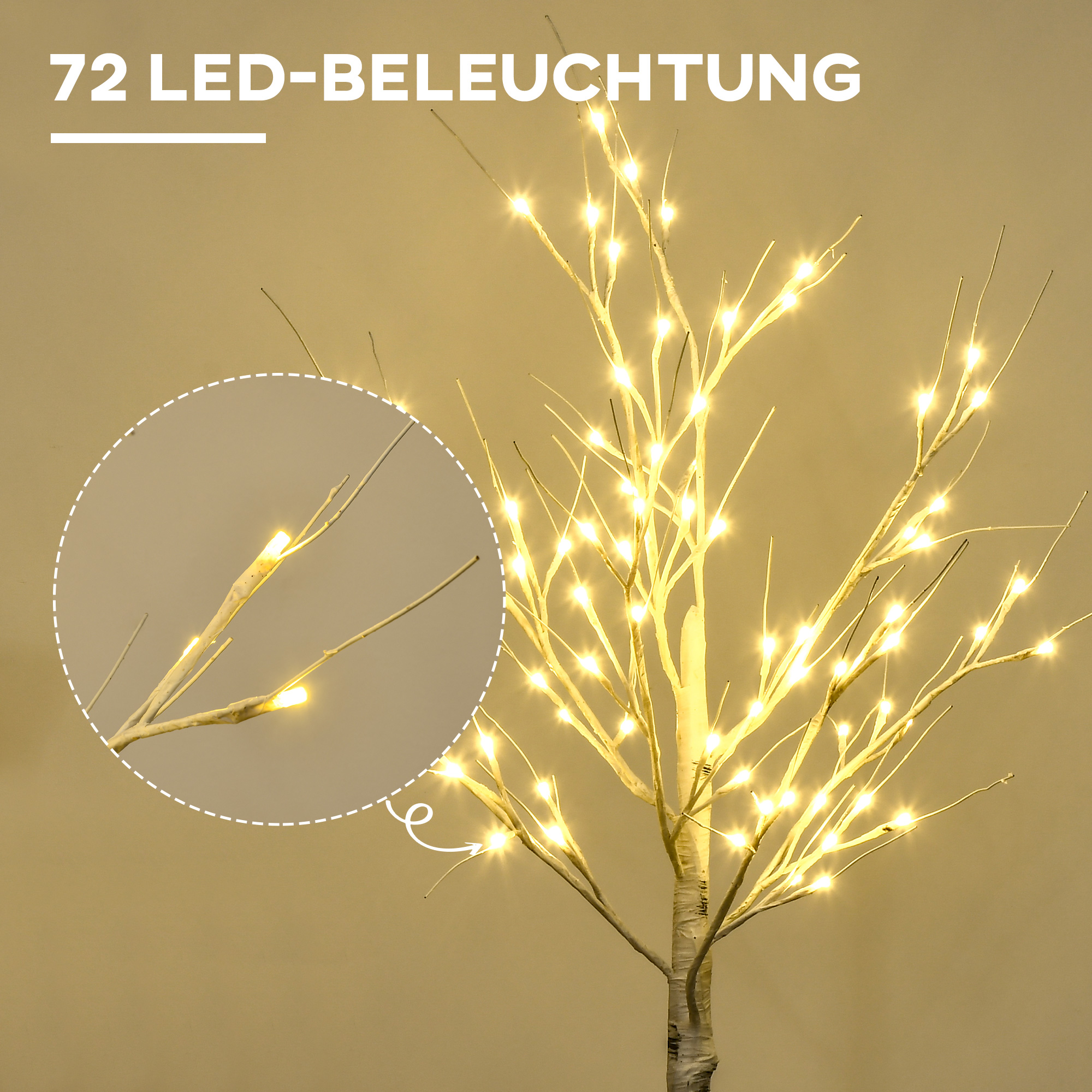 Kunstbaum, Kunstbirke, mit LED-Beleuchtung, warmweiß, realistische, weiße Rinde, 17L x 17B x 120H cm