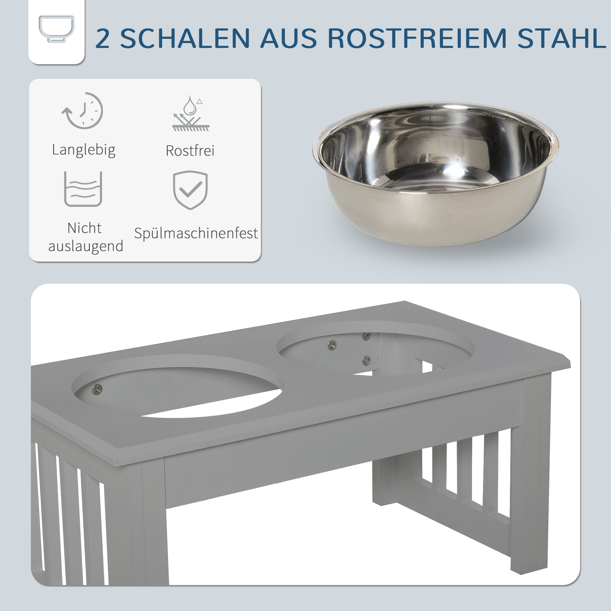 Hunde-Futterstation, rutschfest, 44x24x15cm, Grau, 0,9L pro Napf