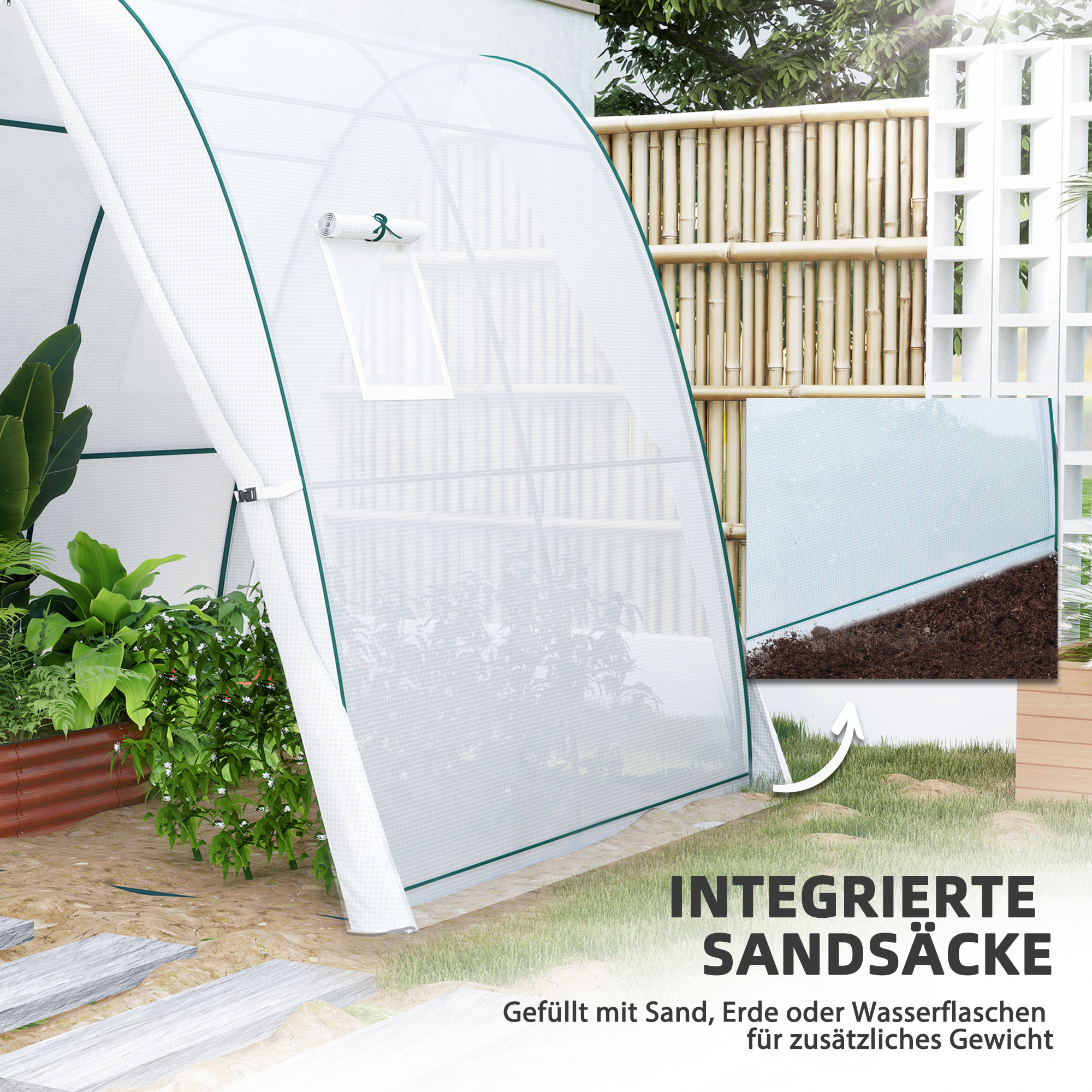 Bogen-Gewächshaus mit Sandsäcken und Kunststoff-Abdeckung, 2 Rolltüren, Netzfenster, tragbar, 1,8 x 1,8 x 2 m, Weiß