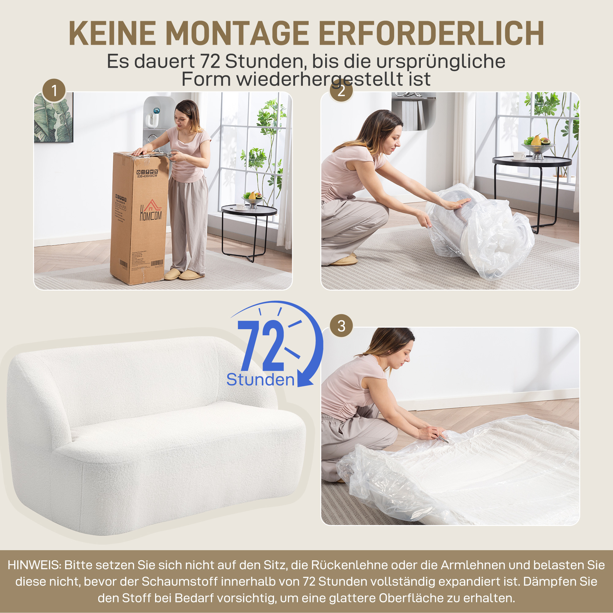 2-Sitzer-Sofa, geschwungenes Design, Polstersofa mit Fleece-Bezug, für Wohnzimmer, Schlafzimmer, Homeoffice, Cremeweiß