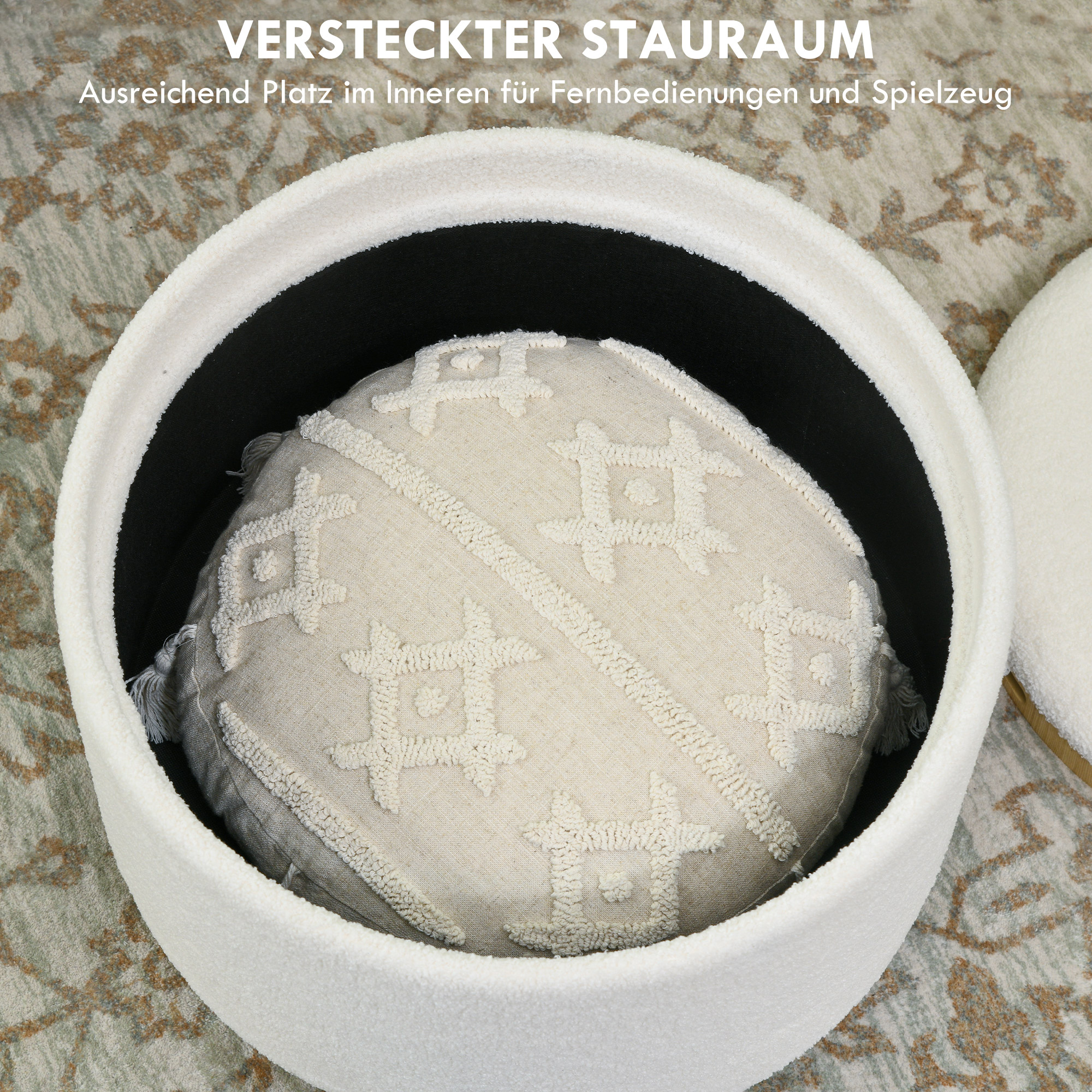 Hocker Polsterhocker, Teddyfleece, versteckter Stauraum, umkehrbarer Deckel, 56 cm x 56 cm x 42 cm, Weiß