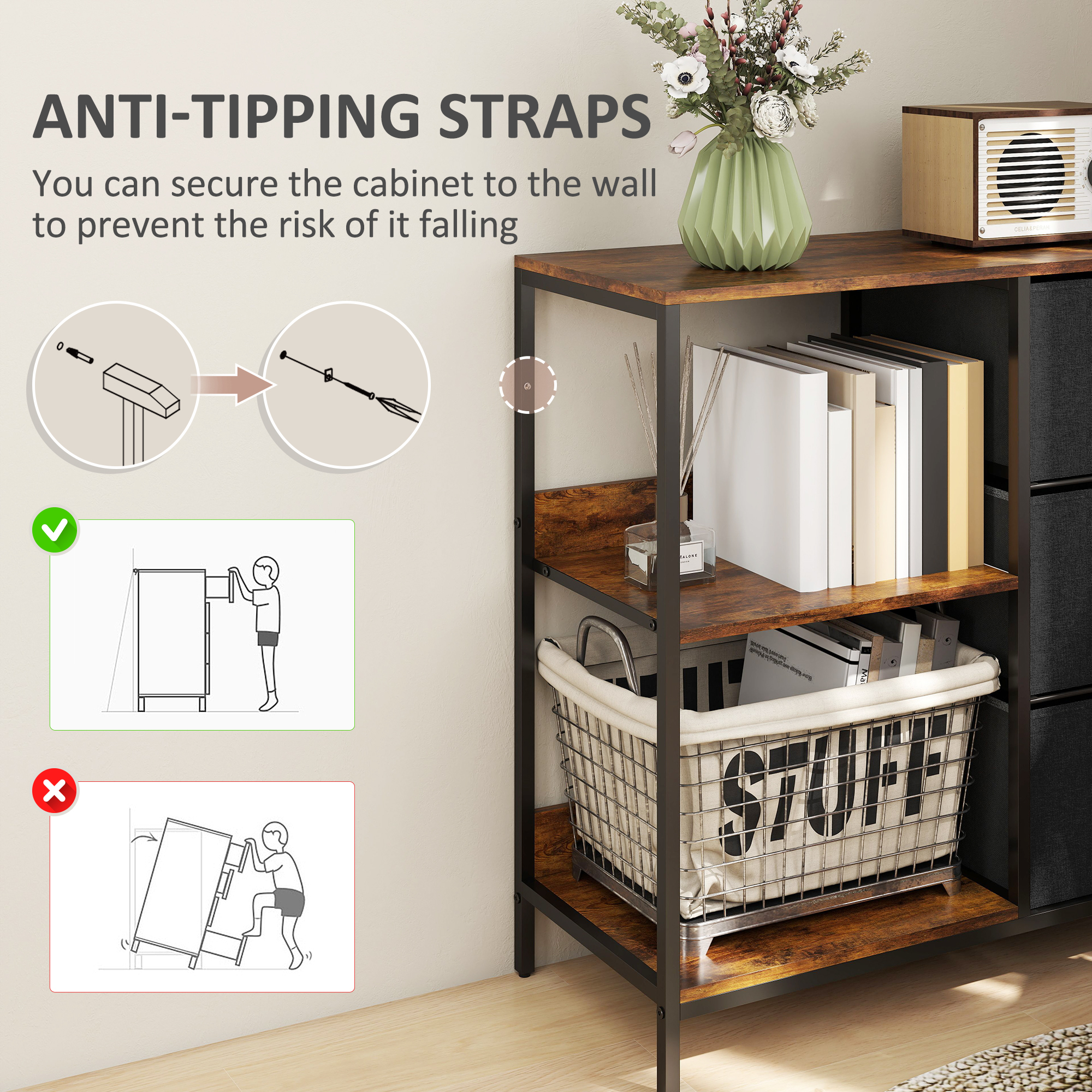 Aufbewahrungs-Kommode, 3 Stoffschubladen, Regale, Metallrahmen, Braun+Grau