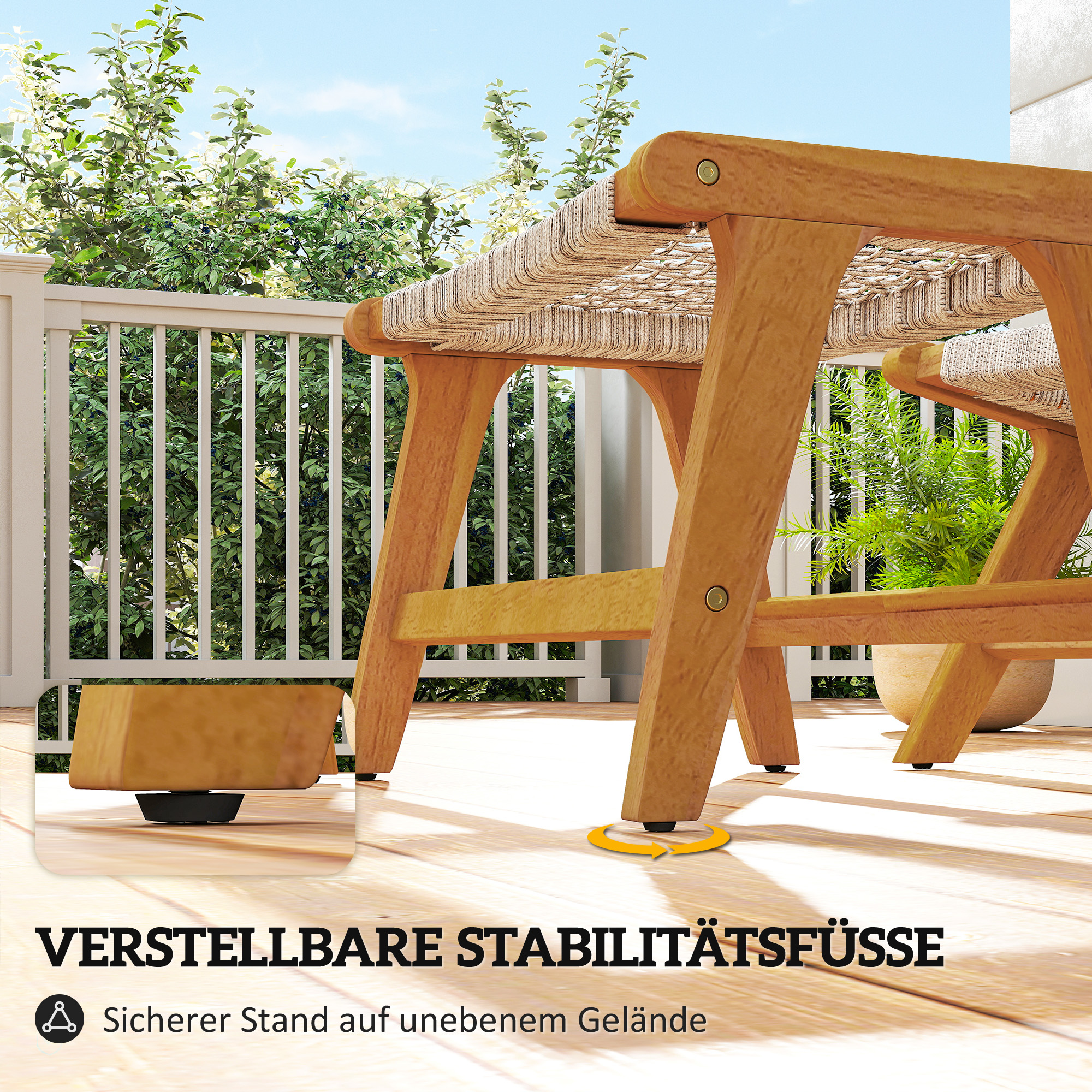 Gartensessel mit Hocker 2-teilig FSC Akazienholz Outdoor Loungesessel mit Rattan-Sitz Boho-Stil verstellbare Füße