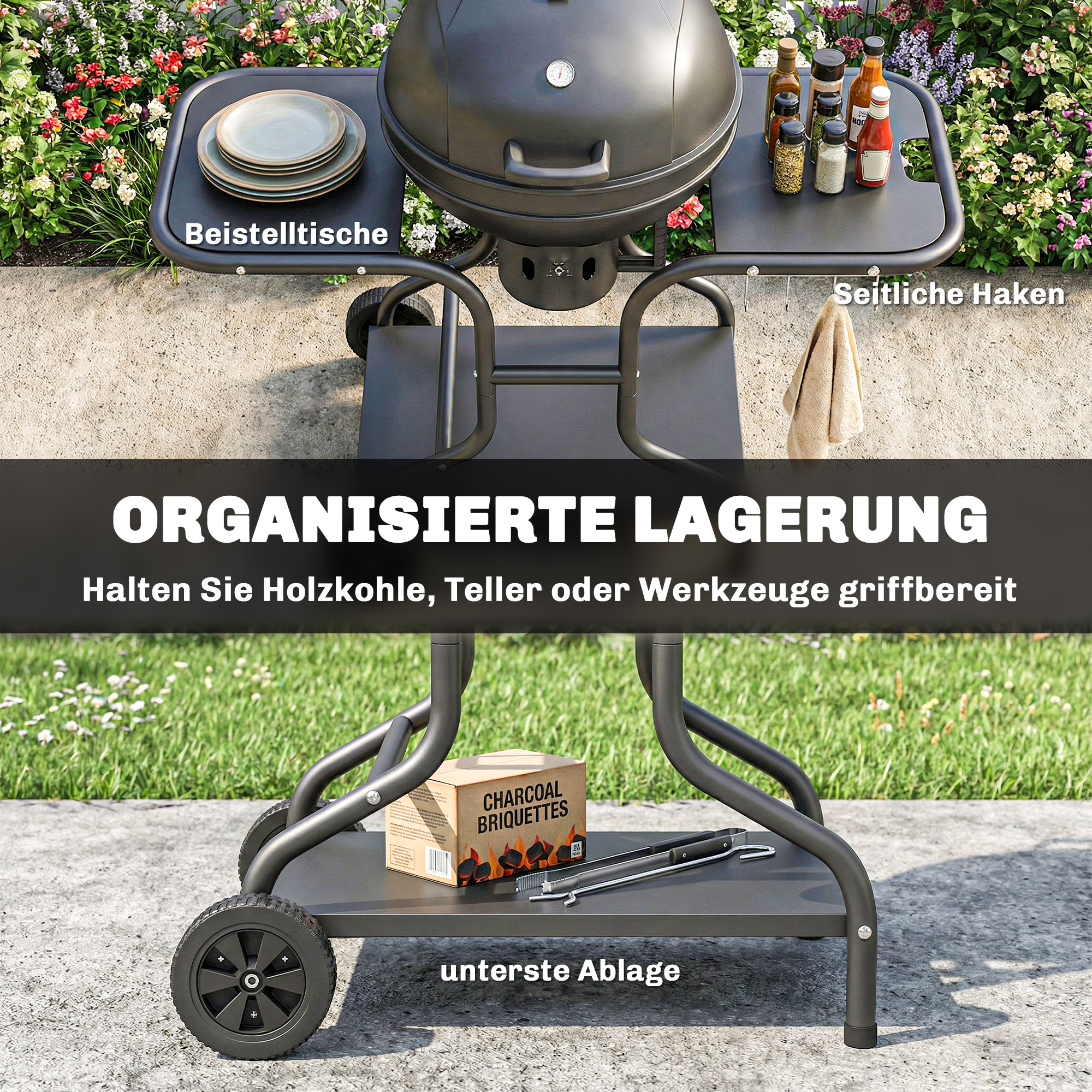 Holzkohlegrill BBQ Smoker mit Seitentischen Deckel Thermometer Räder 129 x 63,5 x 106,5 cm