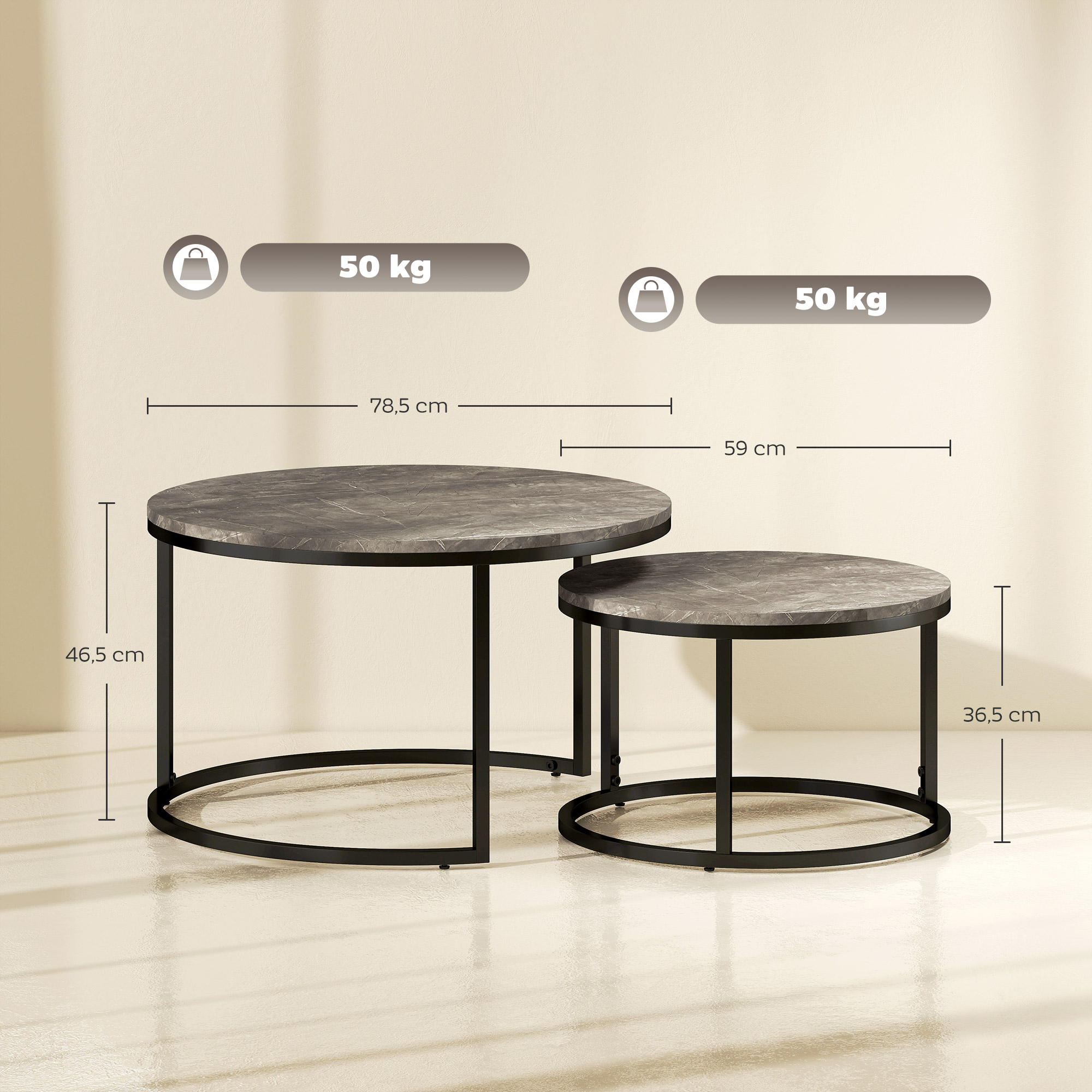 2er-Set runde Couchtische, stapelbare Beistelltische mit Metallrahmen, Wohnzimmertisch in Marmoroptik, Kaffeetisch, Grau