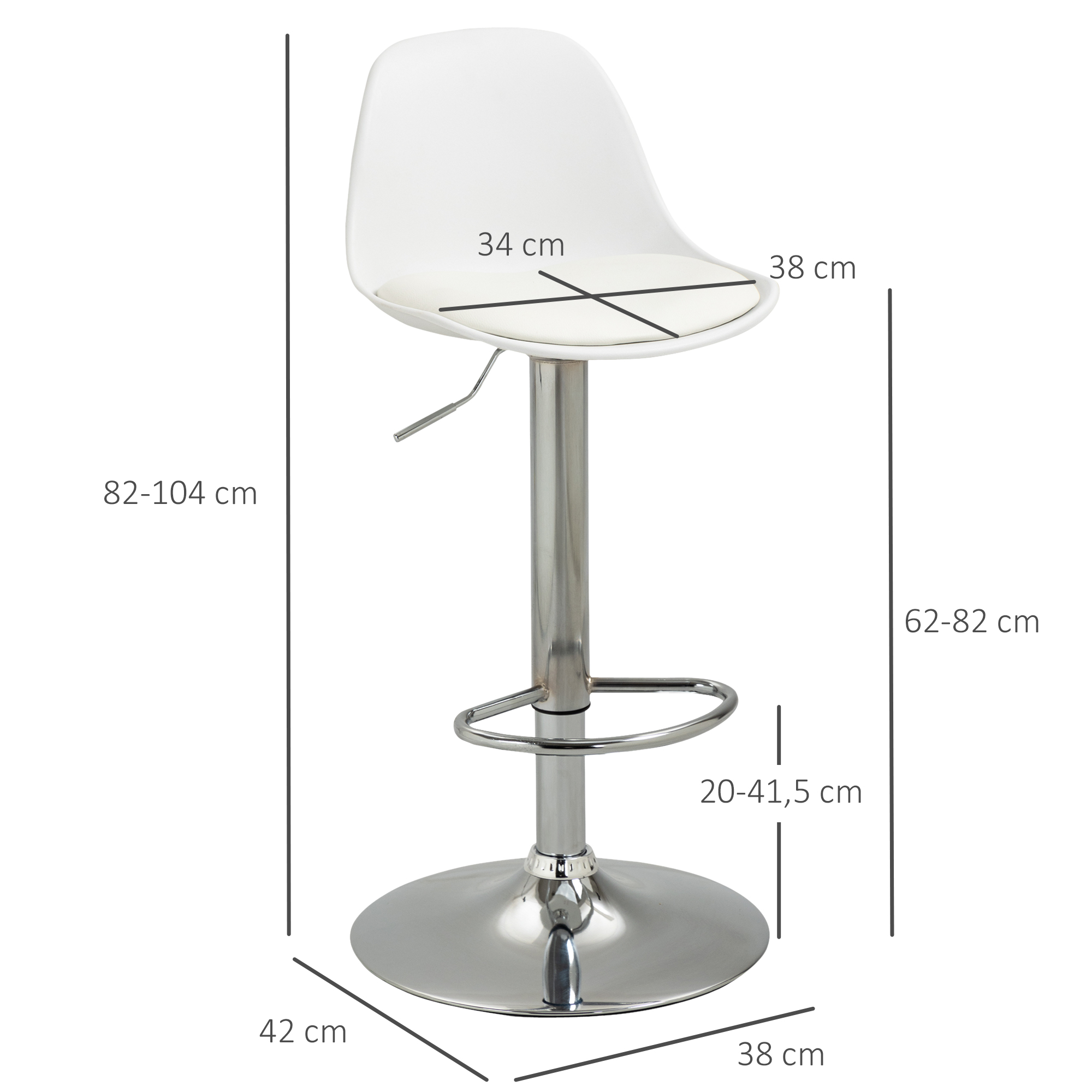 2er-Set Barhocker, Barstühle, Drehstühle mit Lehne, höhenverstellbar, bis 120 kg belastbar, 38 x 42 x 82-104 cm, Weiß