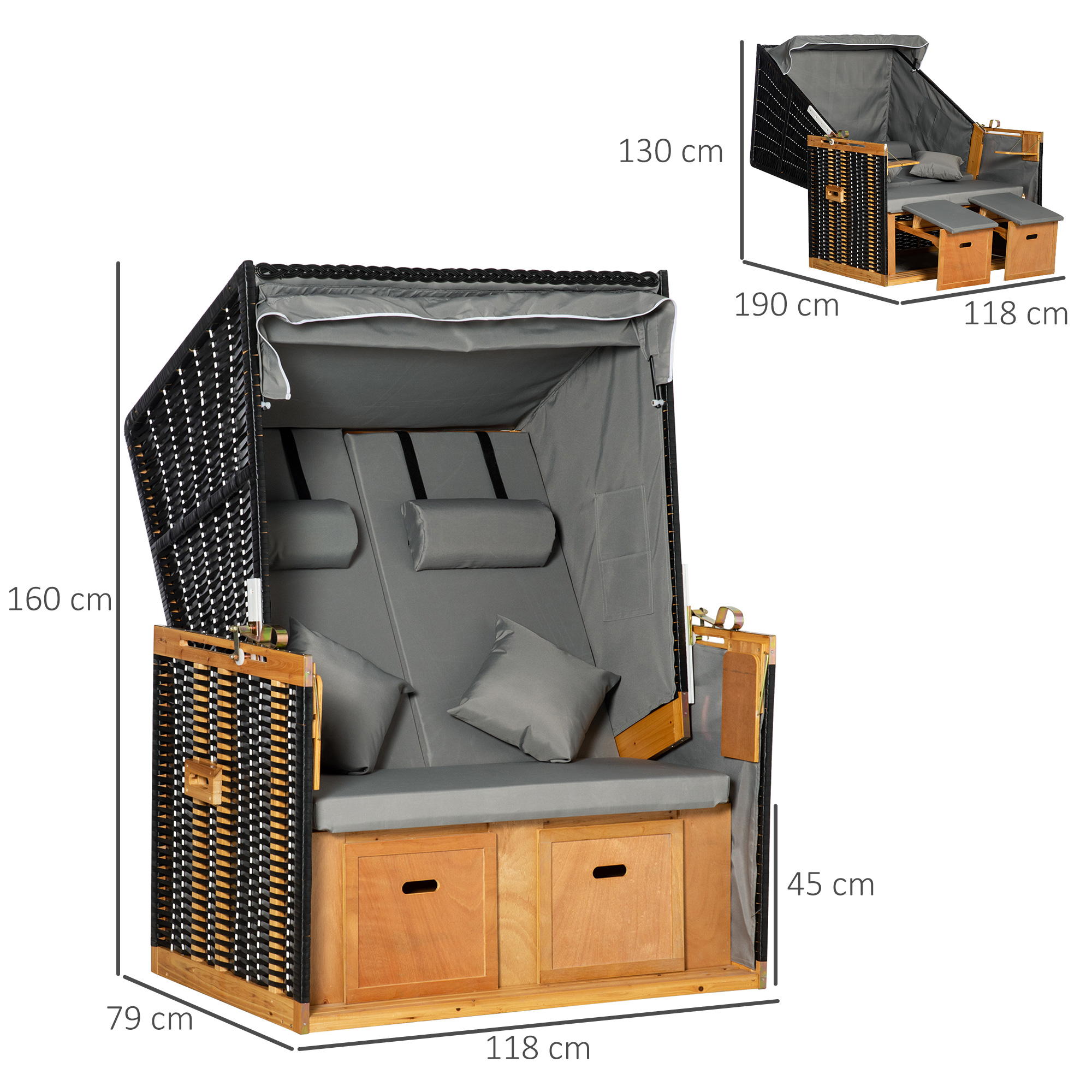 Strandkorb für 2 Personen, inkl, Kissen, Nackenrolle und Fußstützen, wetterbeständig, hellgrau
