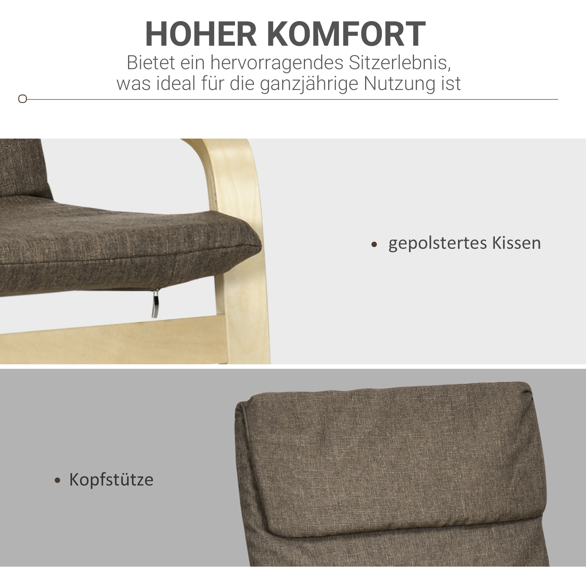Sessel mit Kopfstütze und Armlehnen, Bezug in Leinenoptik, Holzgestell, Braun + Natur