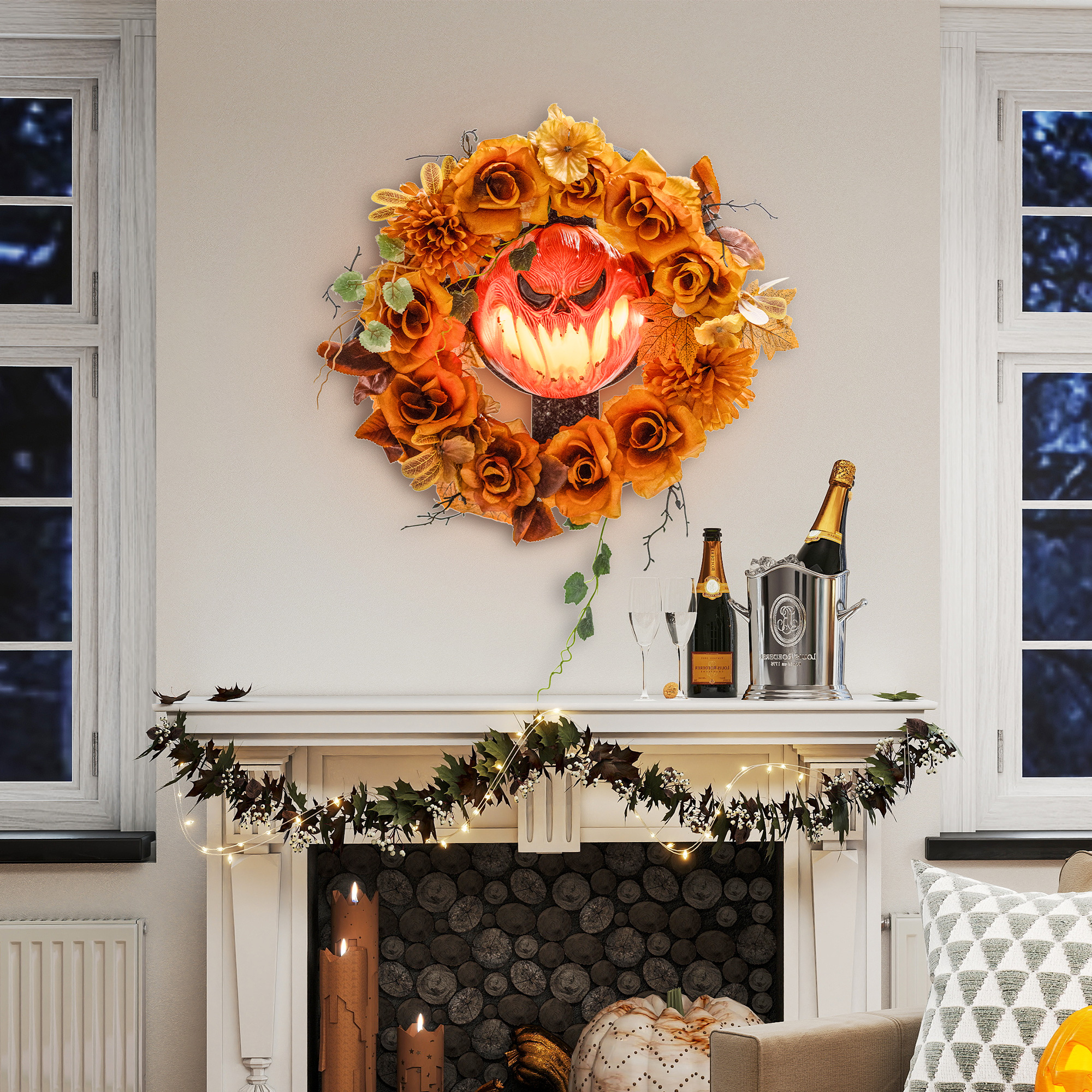 Halloween-Kranz, Grusel-Kürbis-Design, Herbstblätter, Lichteffekte, Kunststoff