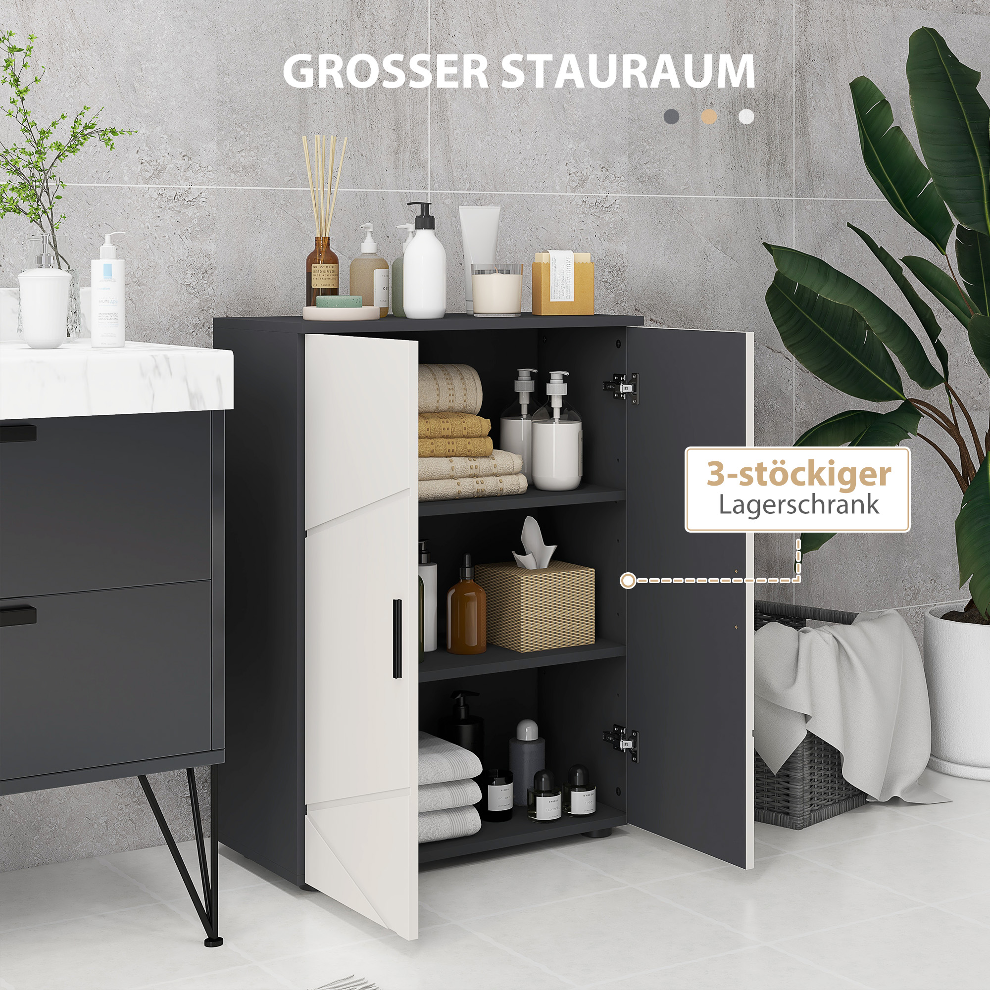 Badezimmerschrank, Badkommode, verstellbare Regale, bis zu 25 kg belastbar, Grau