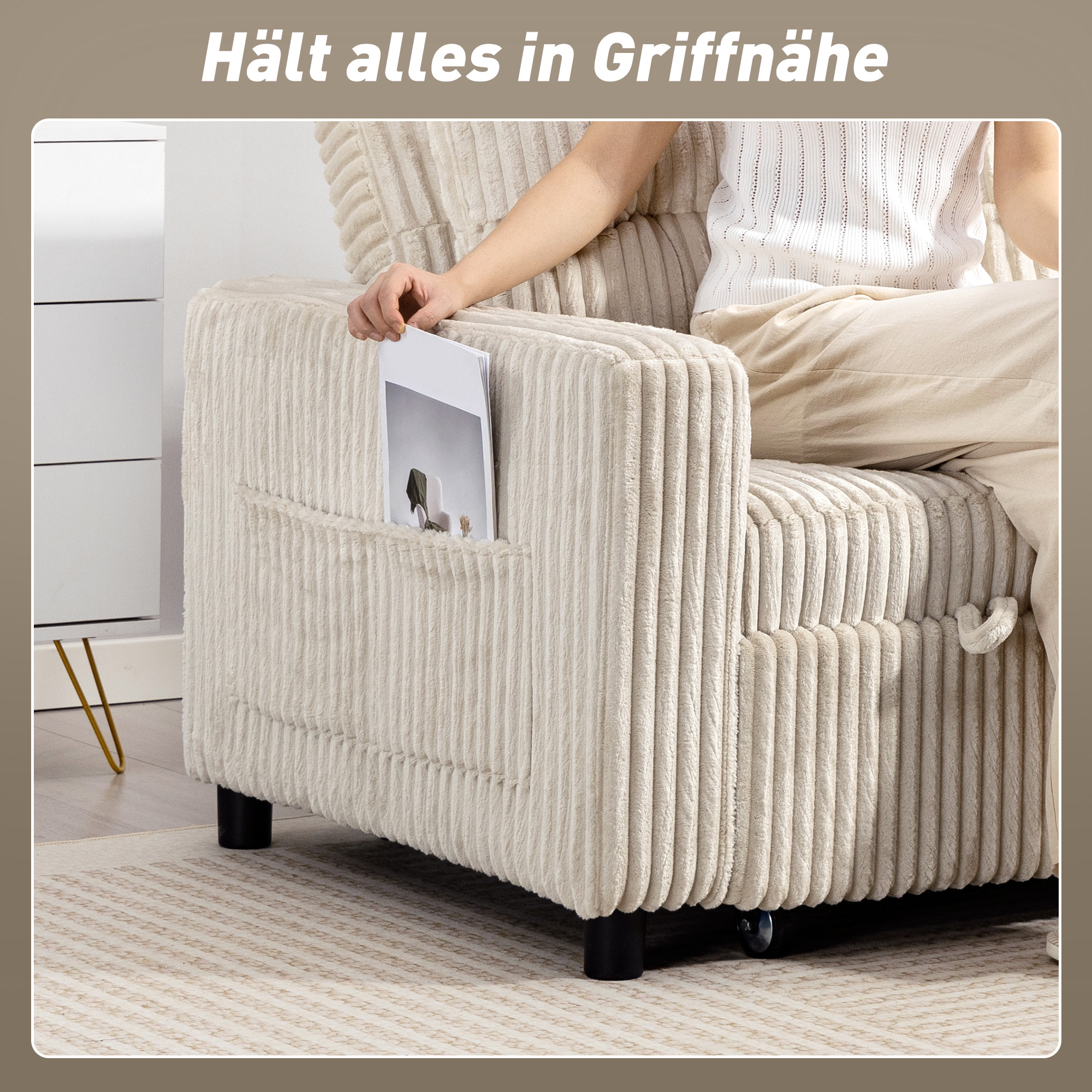 2-Sitzer Sofabett, Cordbezug, zum Schlafsofa umwandelbar, 2 Kissen, Seitentaschen, 157 x 190 cm, Cremeweiß