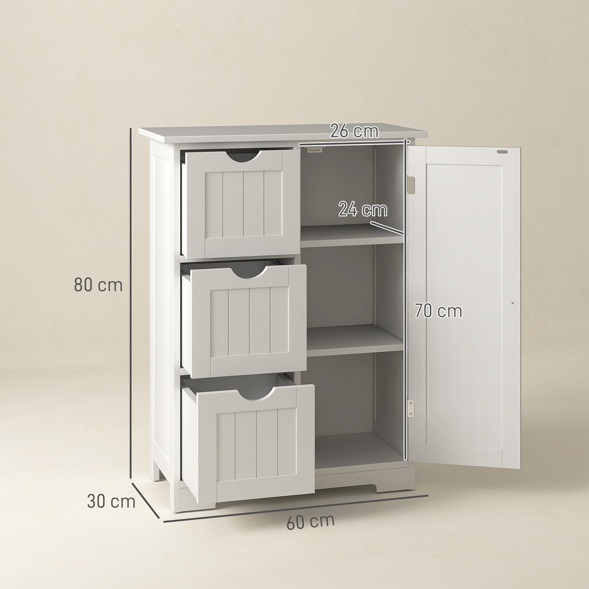 Badezimmerschrank, Badkommode, 3 Schubladen, Regal, MDF, Weiß
