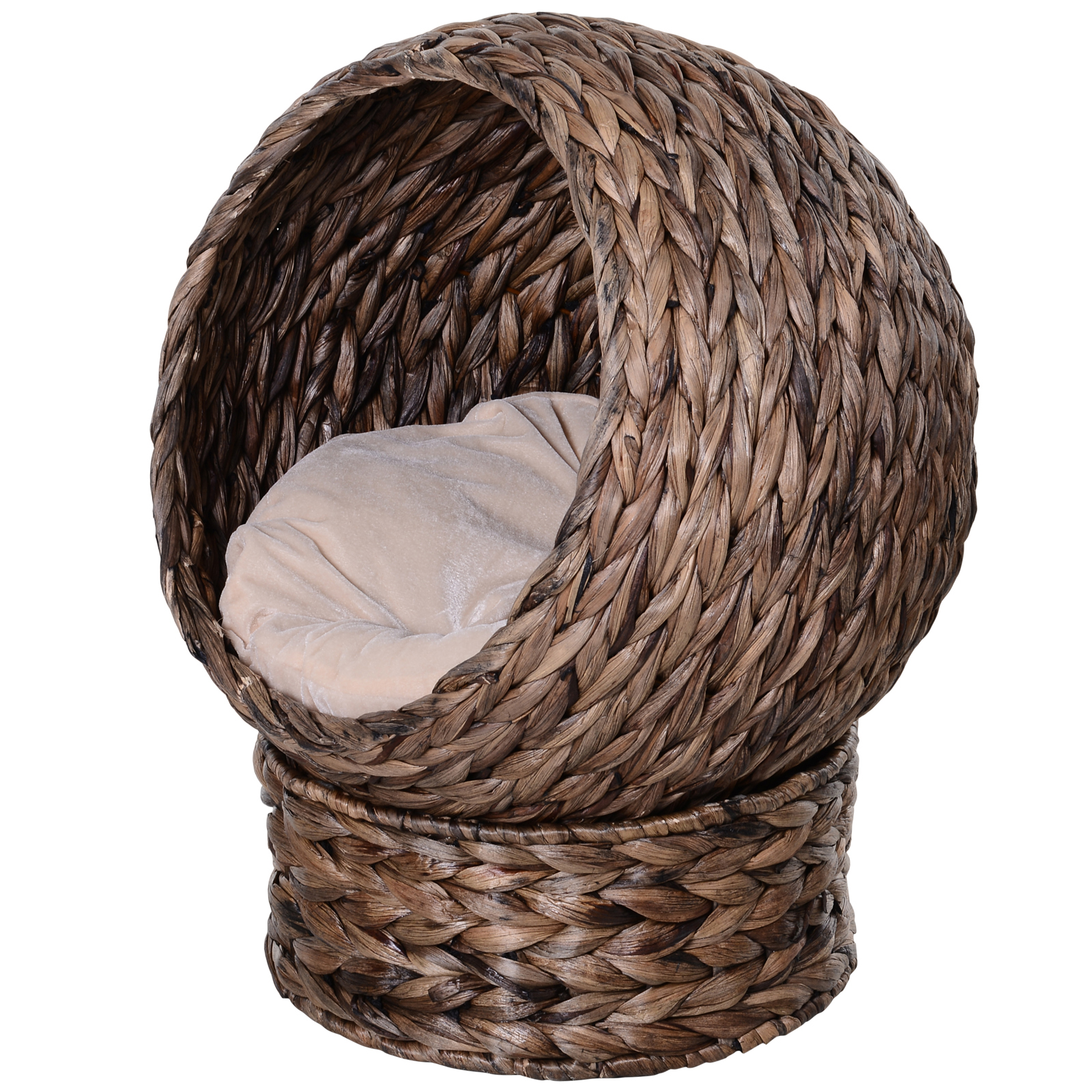 Katzenkorb aus Wasserhyazinthe inkl, Kissen, Katzenbett, Haustierbett,50 cm x 42 cm x 60 cm, Braun + Beige