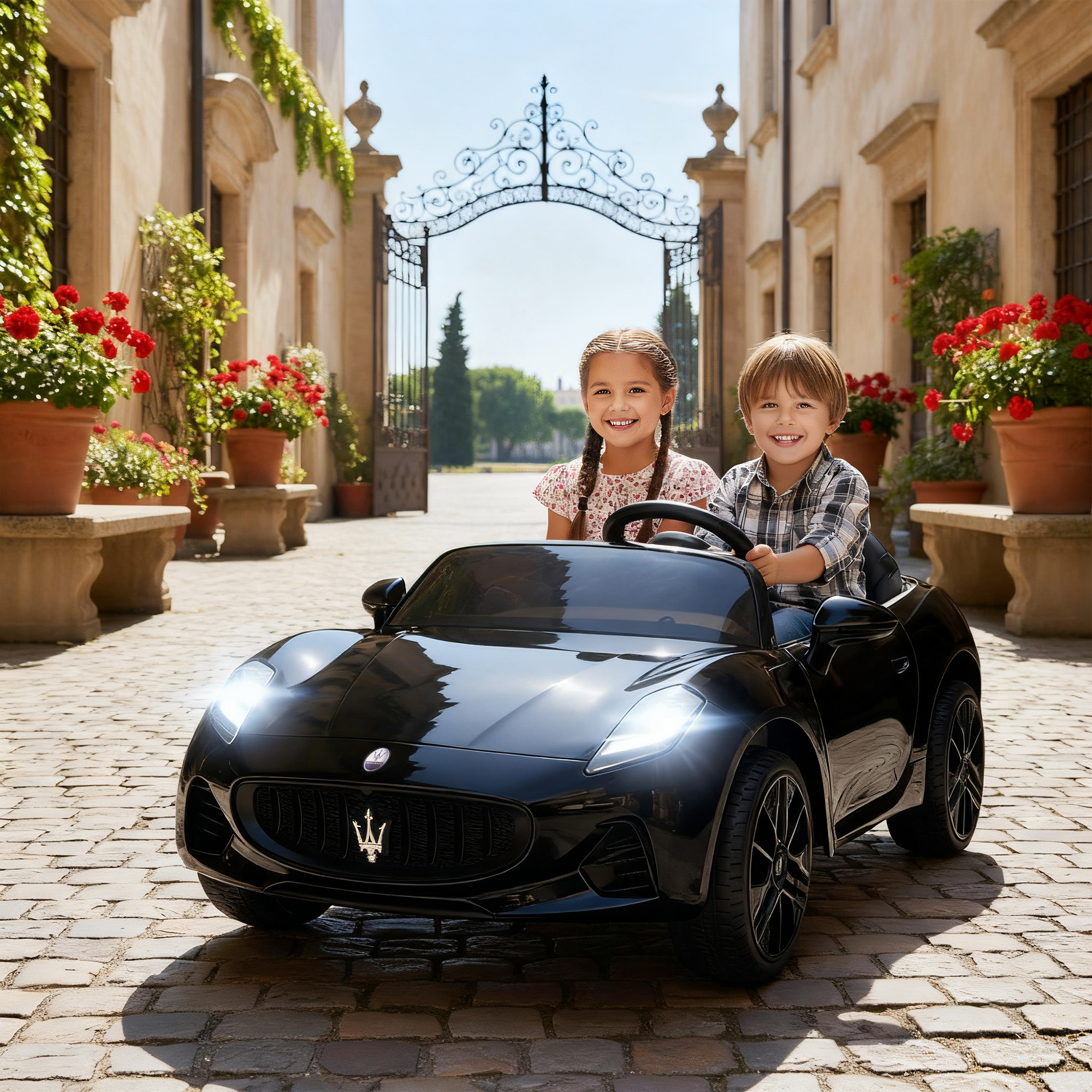 Maserati Elektroauto für Kinder, 2-Sitzer, 12V Batteriebetrieb, Fernbedienung, LED-Lichter, Musikfunktion, Schwarz