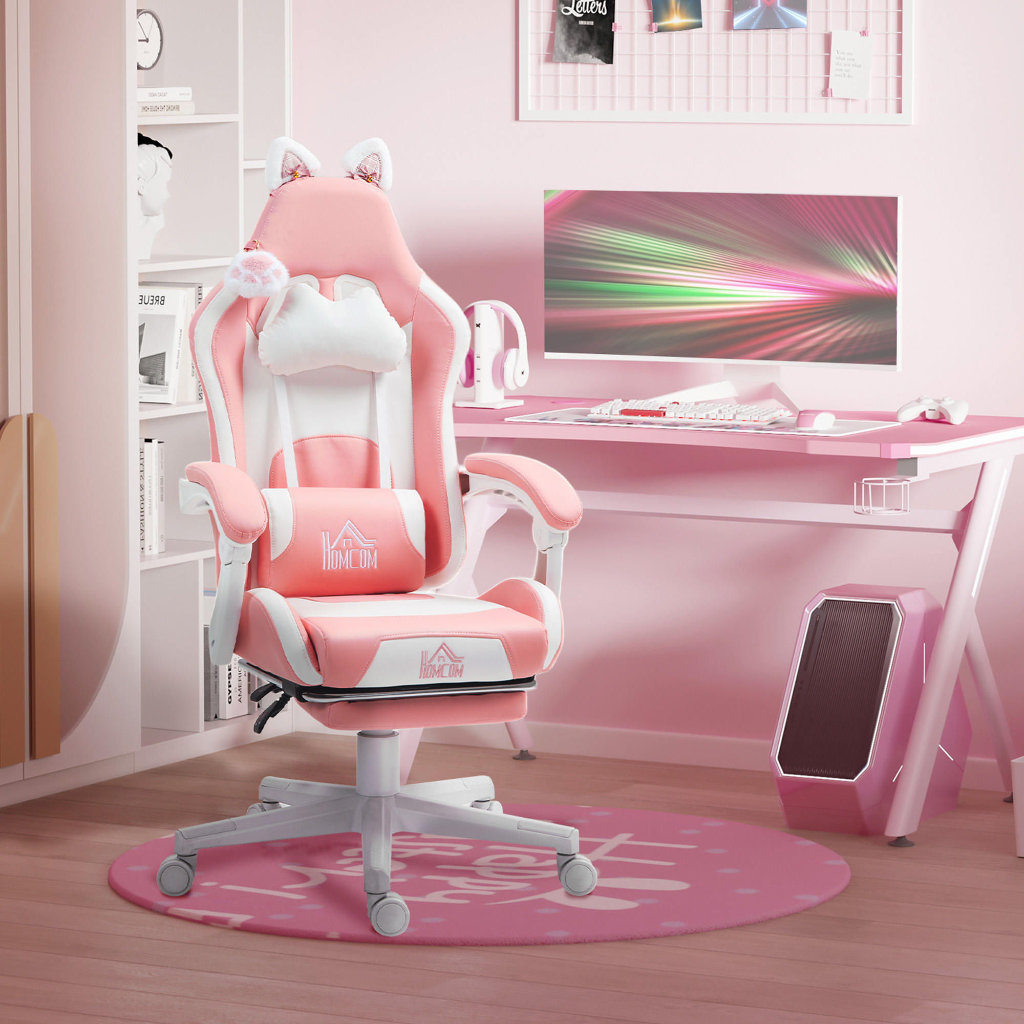 Gaming-Sessel mit Katzenohren, neigbare Lehne, ausziehbare Fußstütze, bis 120 kg, Rosa/Weiß