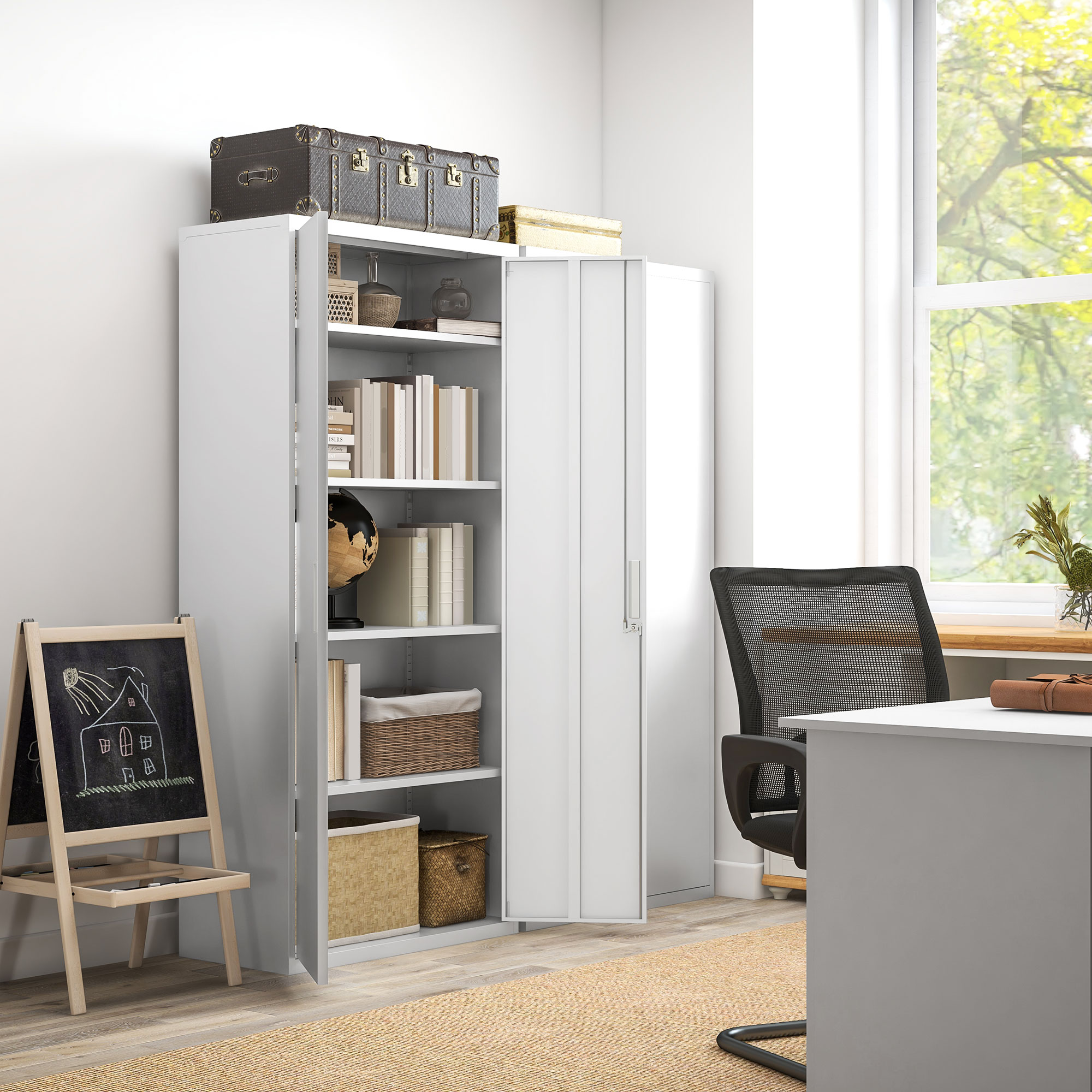Aktenschrank, Büroschrank, 5 Regale, Metall, 80B x 40T x 180H cm, Weiß