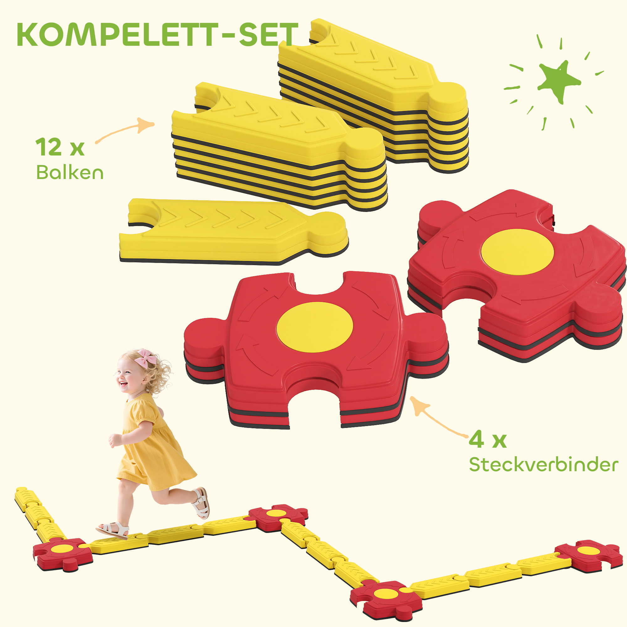 Kinder Schwebebalken-Set, frei gestaltbar, Kunststoff, flexible Teile, Gelb+Rot
