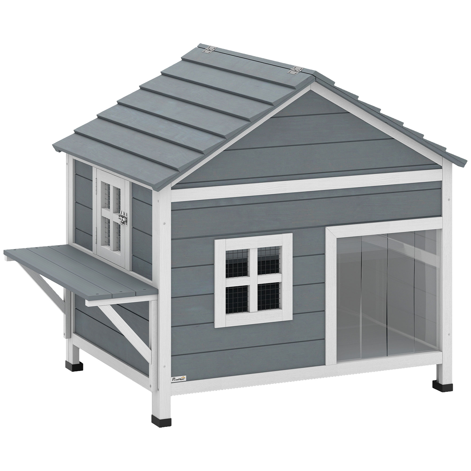 Katzenhaus aus Holz 2-Etagen Katzenhöhle mit wasserdicht aufklappbar Dach, seitlicher Plattform, 101x72,5x81cm, Grau