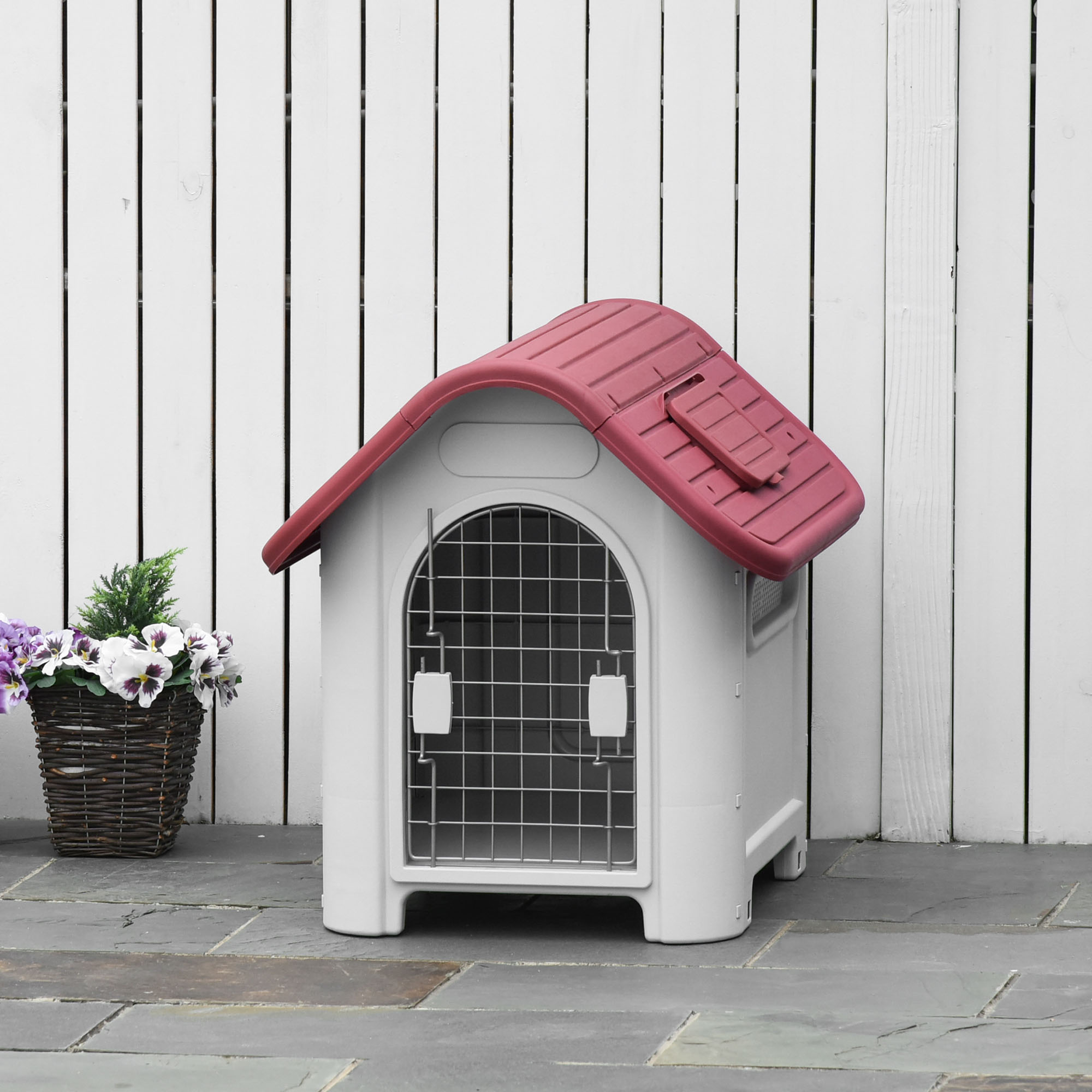 Hundehütte Outdoor, Hundehaus mit Dachluke Tor Unterschlupf, Wasserdichte Hundehöhle mit Luftzirkulation Hütte für kleine Hunde, draußen Rot+Hellgrau 59 x 75 x 66 cm