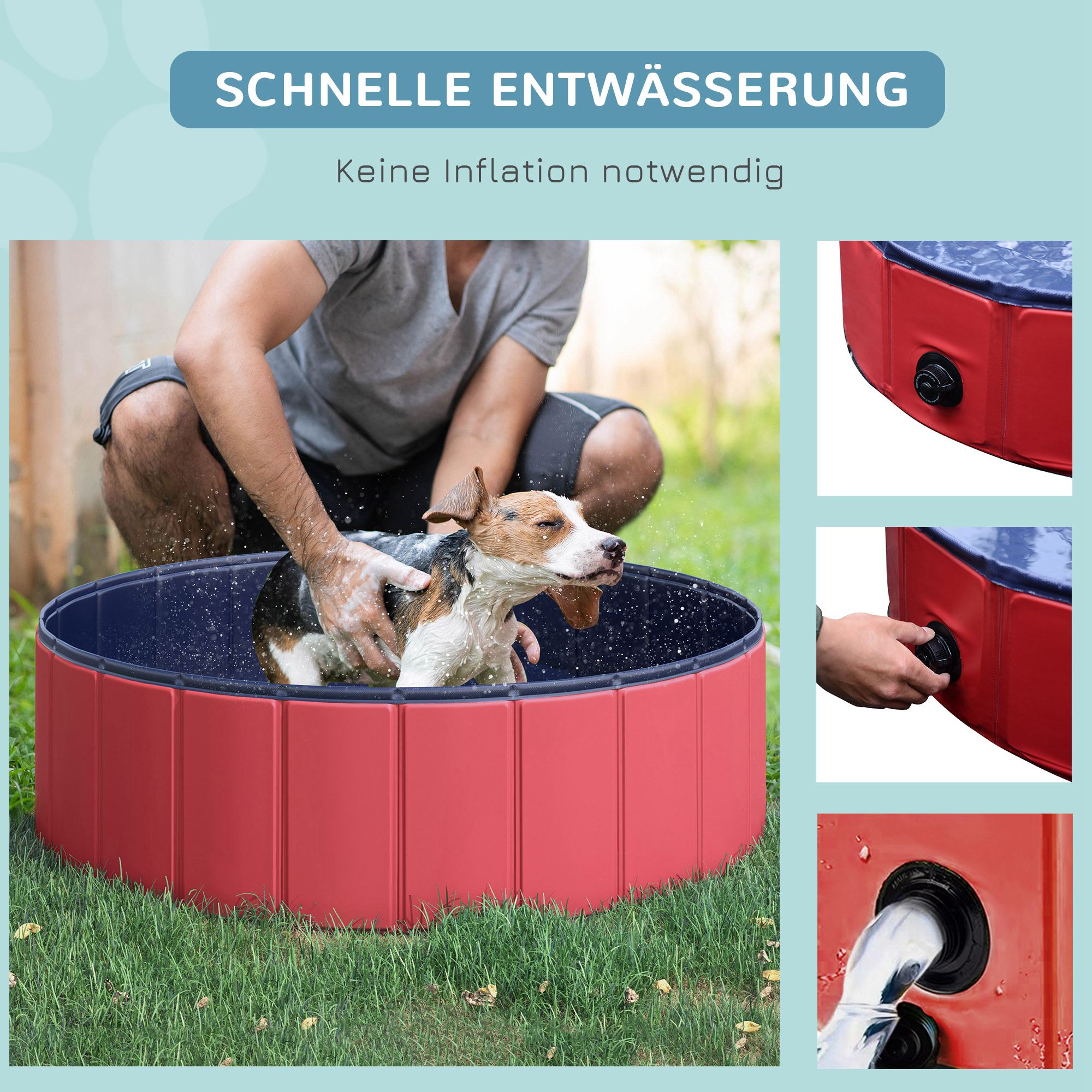 Hundebadewanne faltbar Hundepool Schwimmbecken Swimmingpool Plantschbecken Badewanne für Hunde & Katzen Wasserbecken aus Kunststoff, Holz Ø100 x H30 cm Rot
