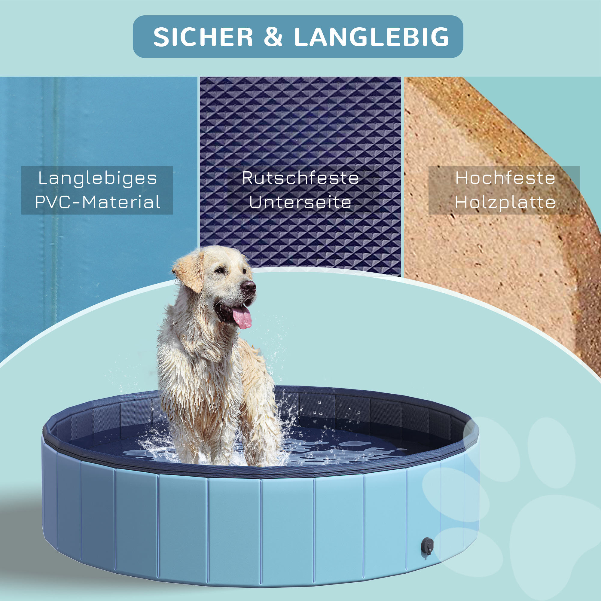 Hundebadewanne faltbar Badewanne Hundepool Plantschbecken Swimmingpool Wasserbecken für Hunde und Katzen Schwimmbecken Kunststoff+Holz Blau Ø140 x H30 cm