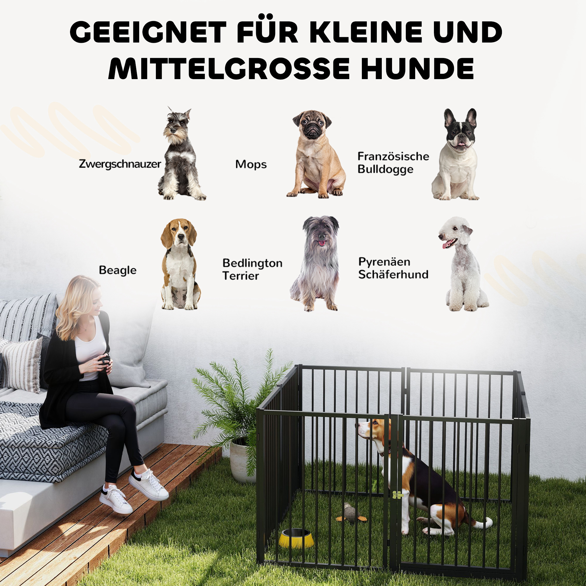 Welpenauslauf, Hundeauslauf, Welpengehege, 8 Paneele mit Tür, faltbarer und tragbarer Hundezaun, Stahl, Schwarz