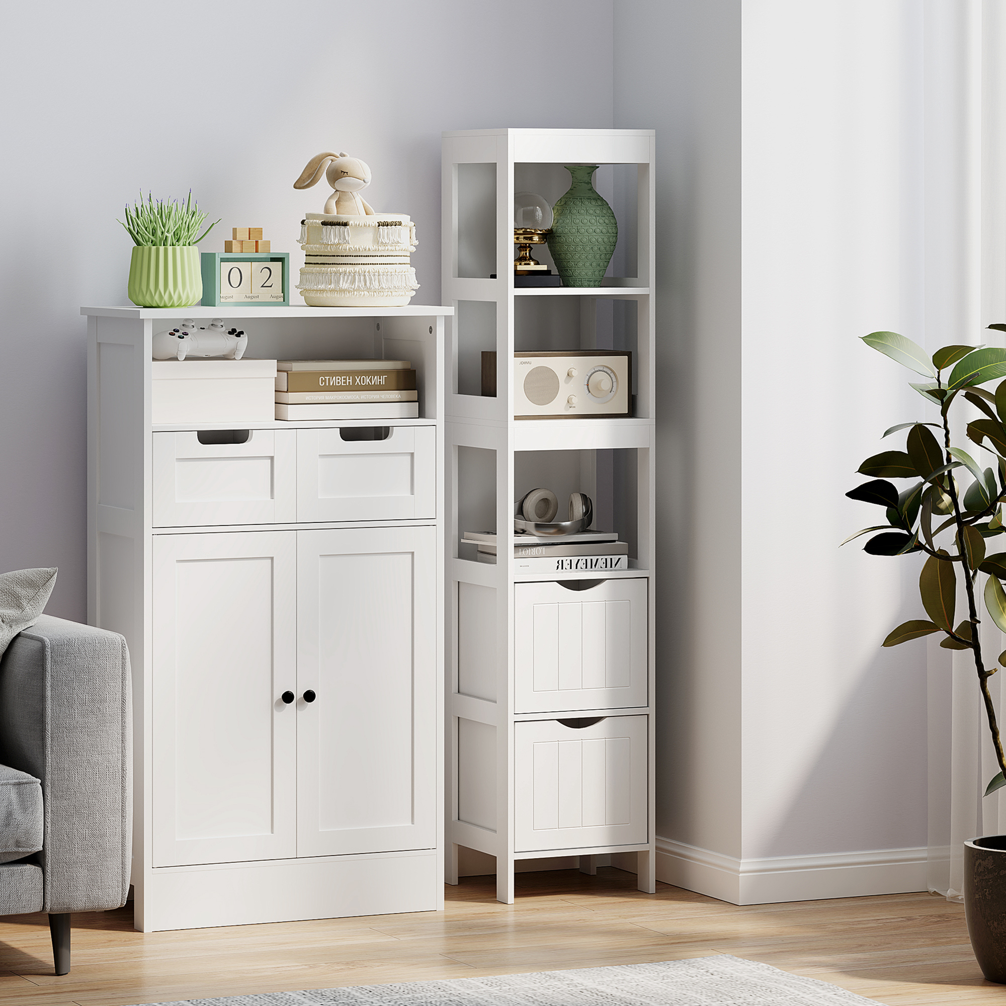 Badezimmerschrank, Kompaktes Badezimmerregal mit 2 Schubladen und 3 offenen Fächern, Freistehendes Badregal, MDF, Weiß