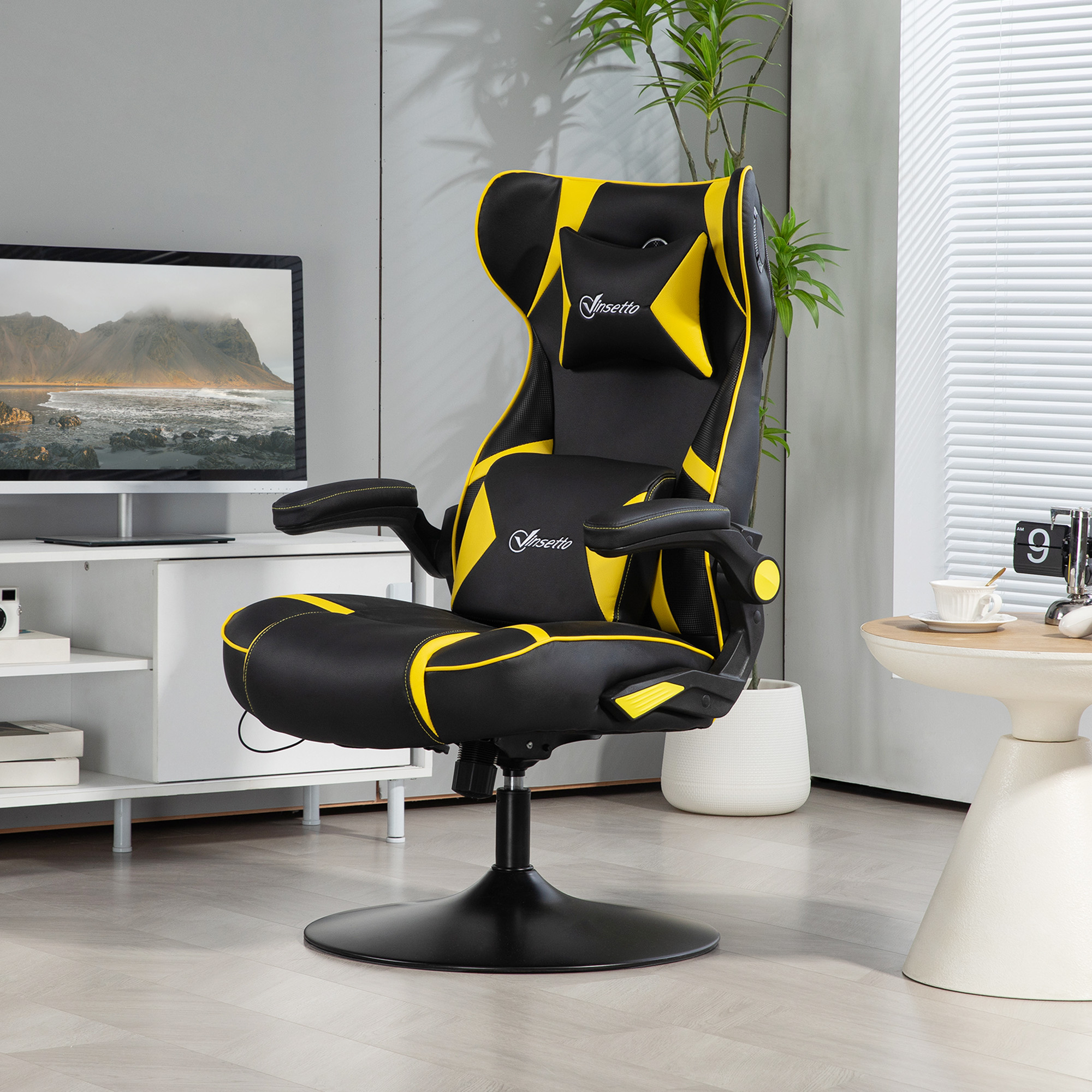 Gaming Stuhl mit Schaukelfunktion und Lautsprecher, Lenden- und Nackenstütze, für Spielzimmer, Kunstleder, Gelb+Schwarz
