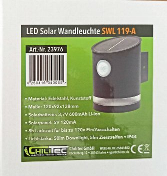 LED Solar Wandleuchte "SWL 119-A" / PIR Bewegungsmelder, IP44, anthrazit