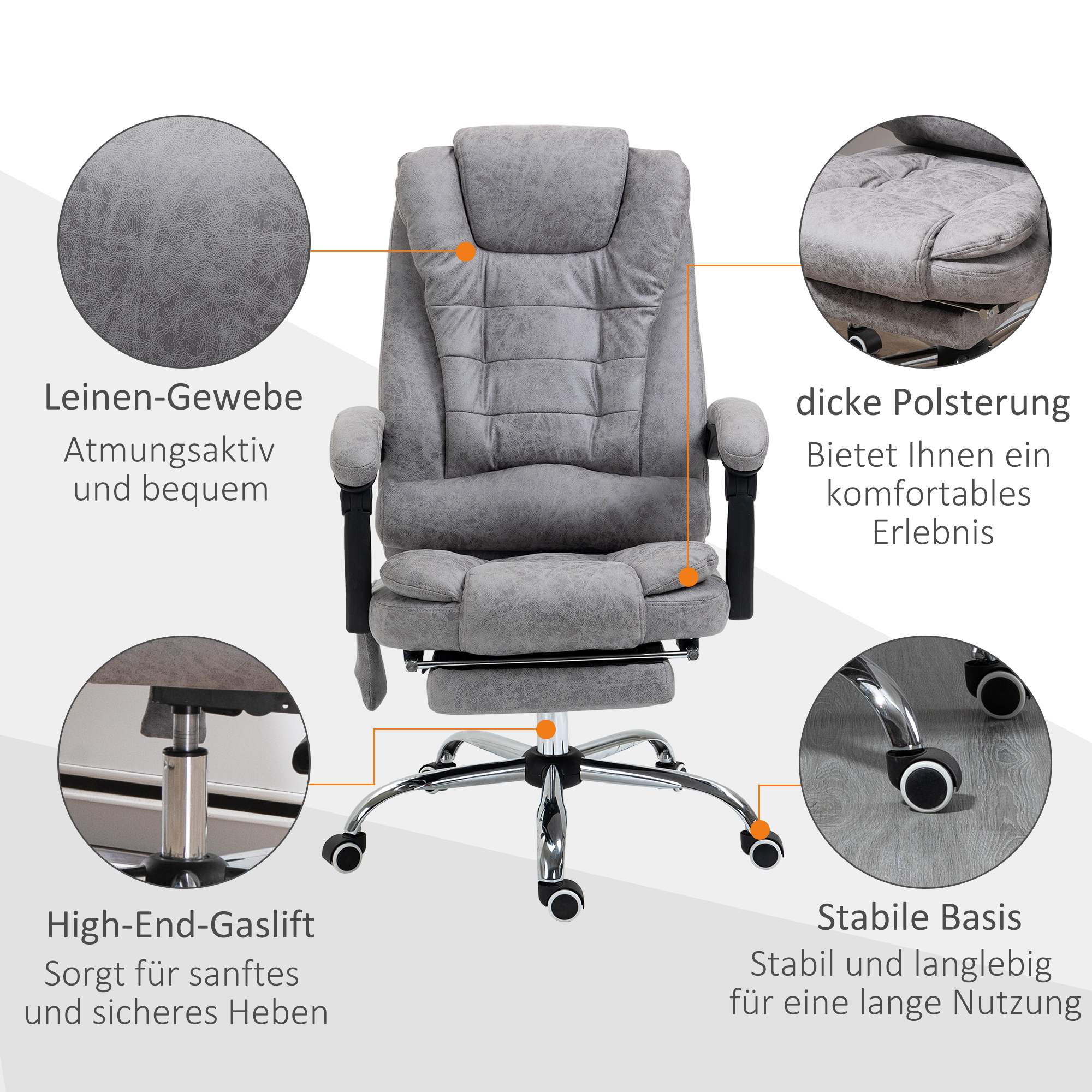 Bürostuhl mit Massagefunktion, Ergonomischer Schreibtischstuhl mit Liege- & Wärmefunktion, Fernbedienung, Grau