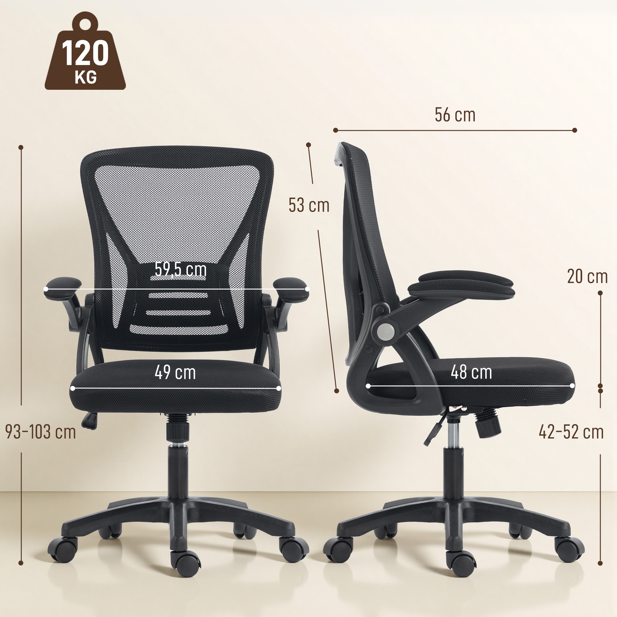 Bürostuhl Ergonomischer Höhenverstellbarer Schreibtischstuhl mit Hochklappbaren Armlehnen, Lendenwirbelstütze, Schwarz