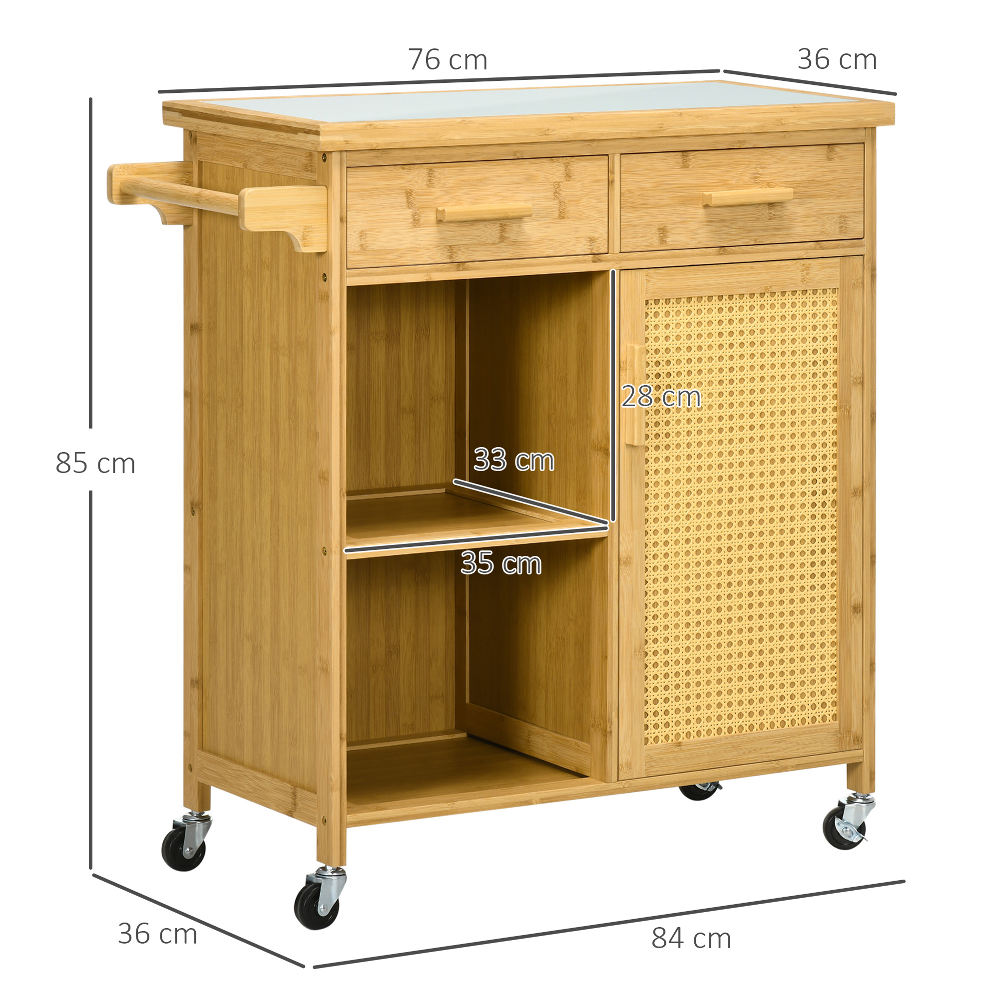 Küchenwagen aus Bambus, Mehrzweckwagen, Sevierwagen, 2 Schubladen, 1 Schrank,  2 Regale, Natur