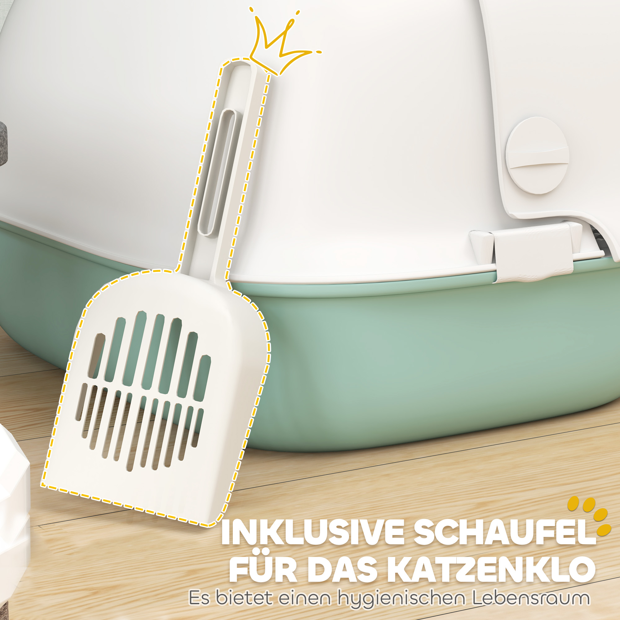 Katzentoilette mit Deckel, Katzenklo mit internem Kanal, Tür, Schaufel, leicht zu reinigen, Kunststoff, Grün
