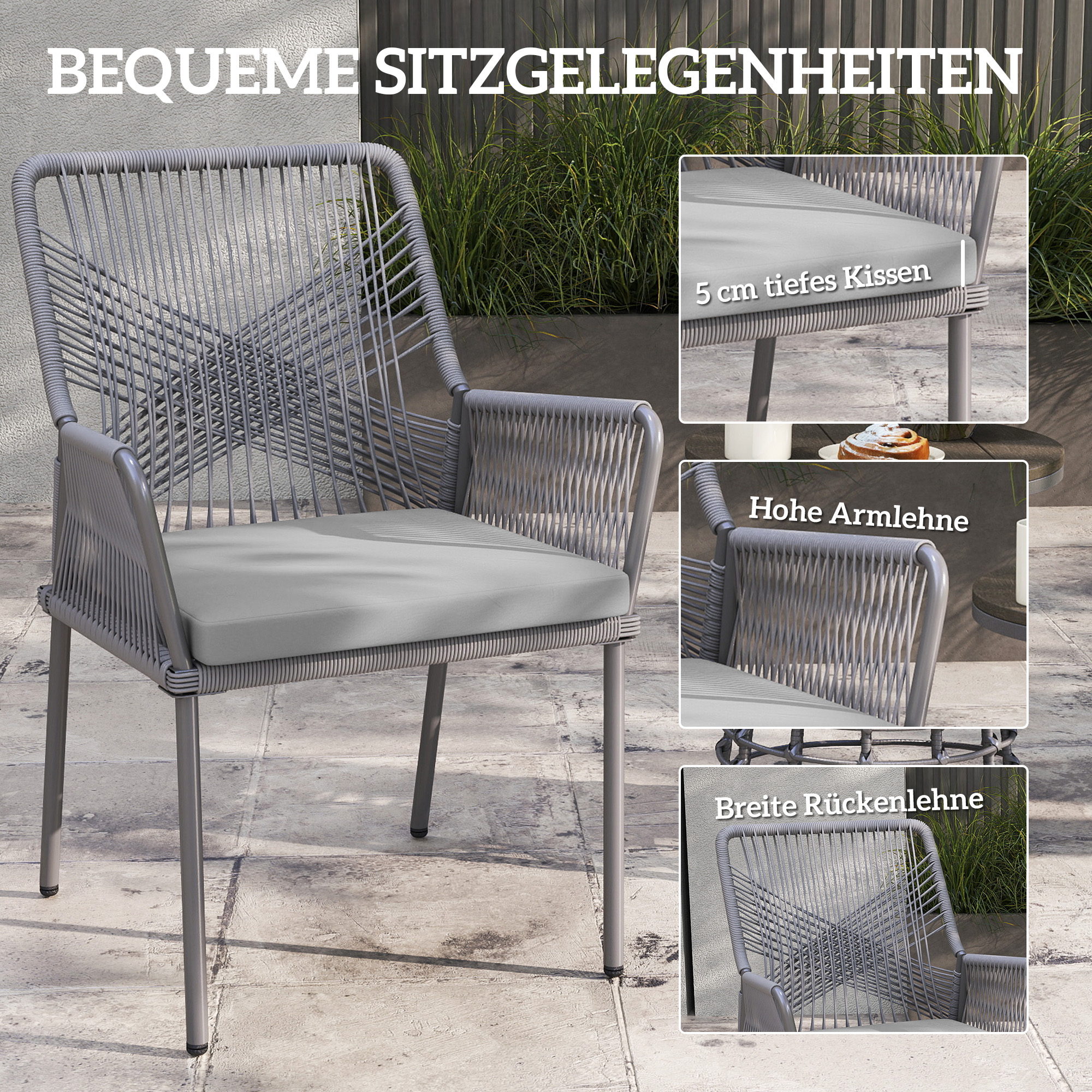 2er-Set Gartenstühle, Terrassenstühle, waschbare Kissen, Rückenlehne, Armlehnen, Stahl, Rattan, Dunkelgrau