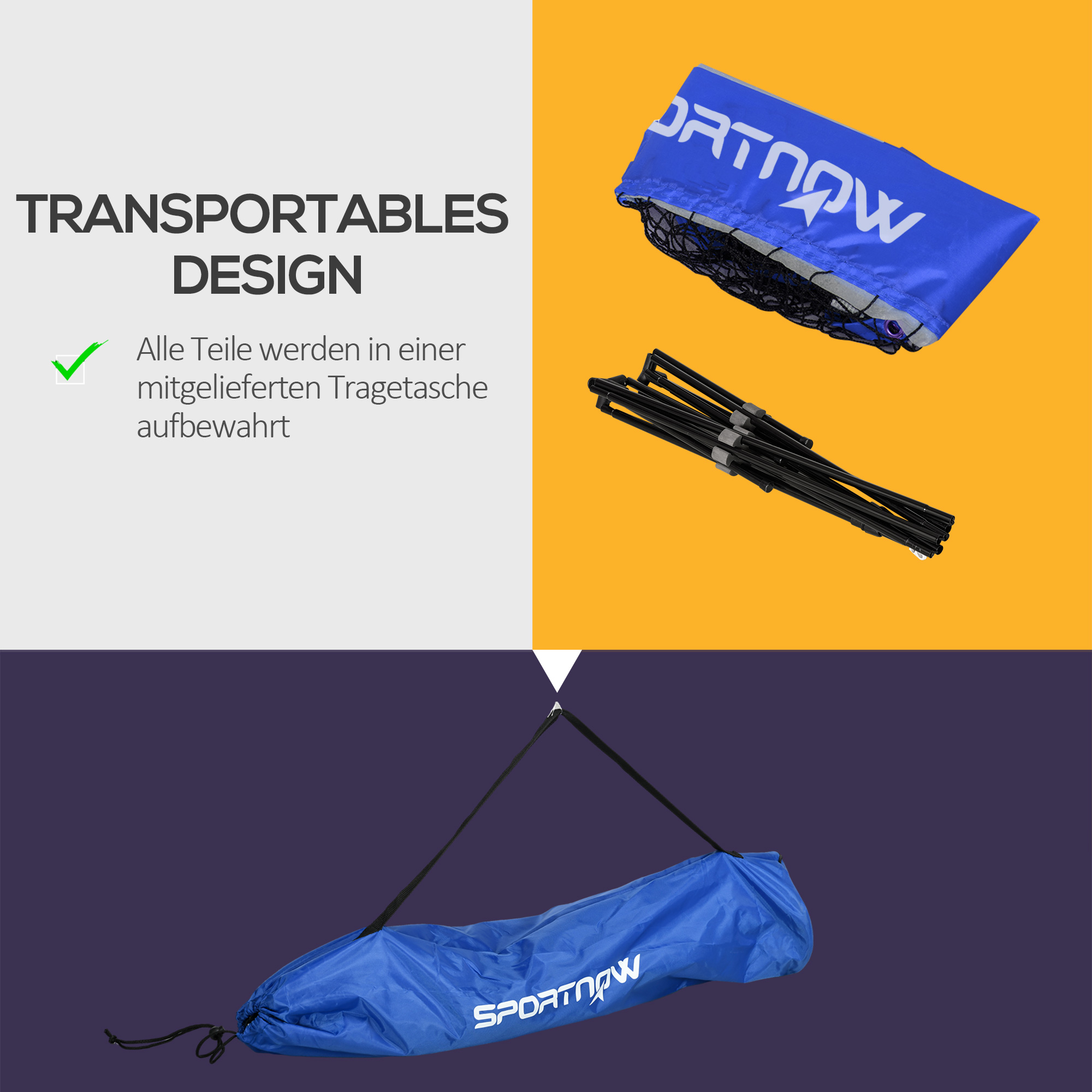 Badmintonnetz, höhenverstellbar, faltbar, mit Tragetasche, 3,10m, Schwarz/Blau