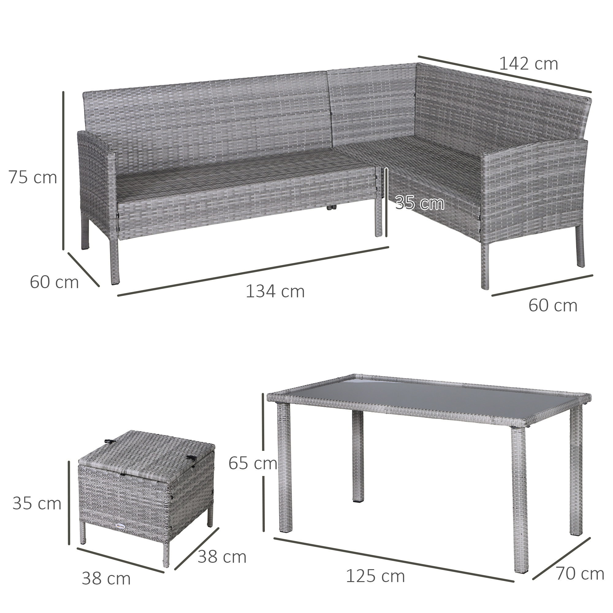 5-tlg, Gartenmöbel Set, Rattan Sitzgruppe mit Fußhocker, Metall, Grau, 142 x 60 x 75 cm