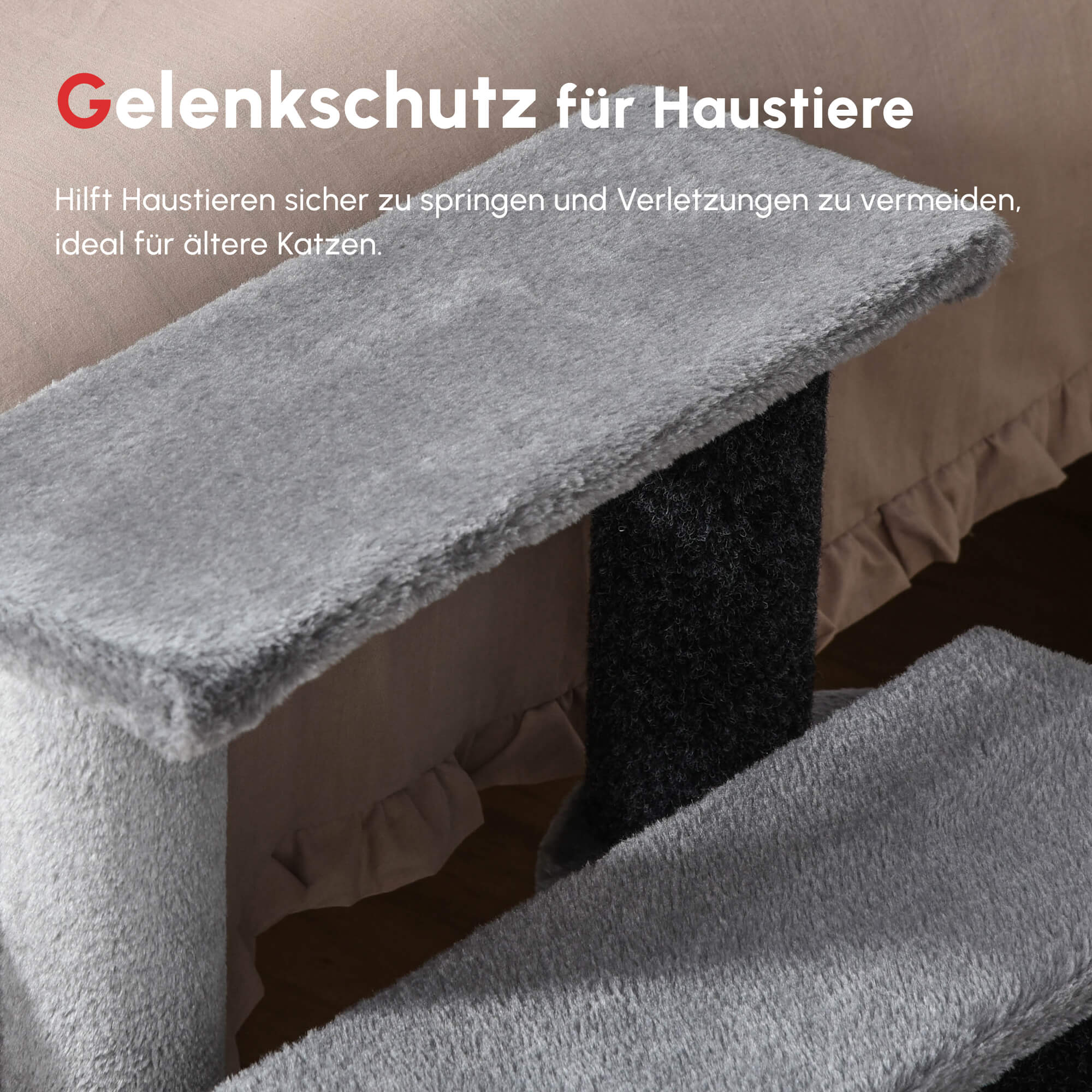 Katzentreppe 3-stufige Haustiertreppe mit Kratzsäulen Ball Hundetreppe Tiertreppe für Katzen bis 5 kg Plüsch Jute Grau 45 x 40 x 48 cm