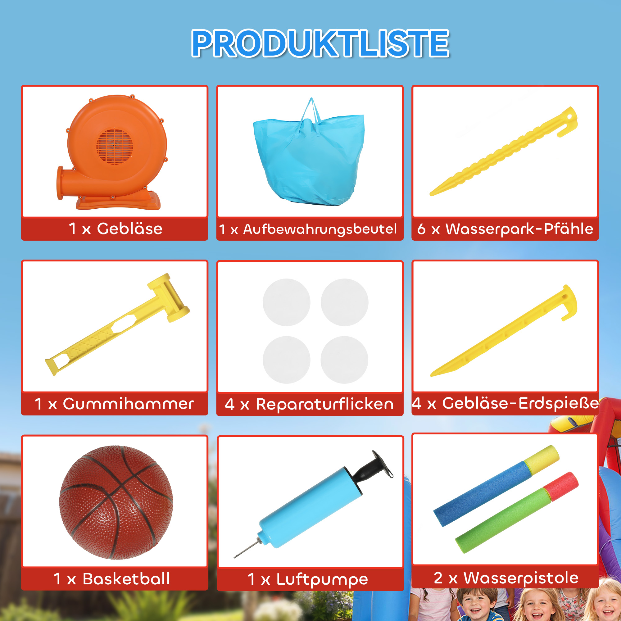 Aufblasbar Hüpfburg mit Gebläse Rutsche Trampolin Planschbecken/Bällebad Wasserpistole 342x255x209 cm Blau