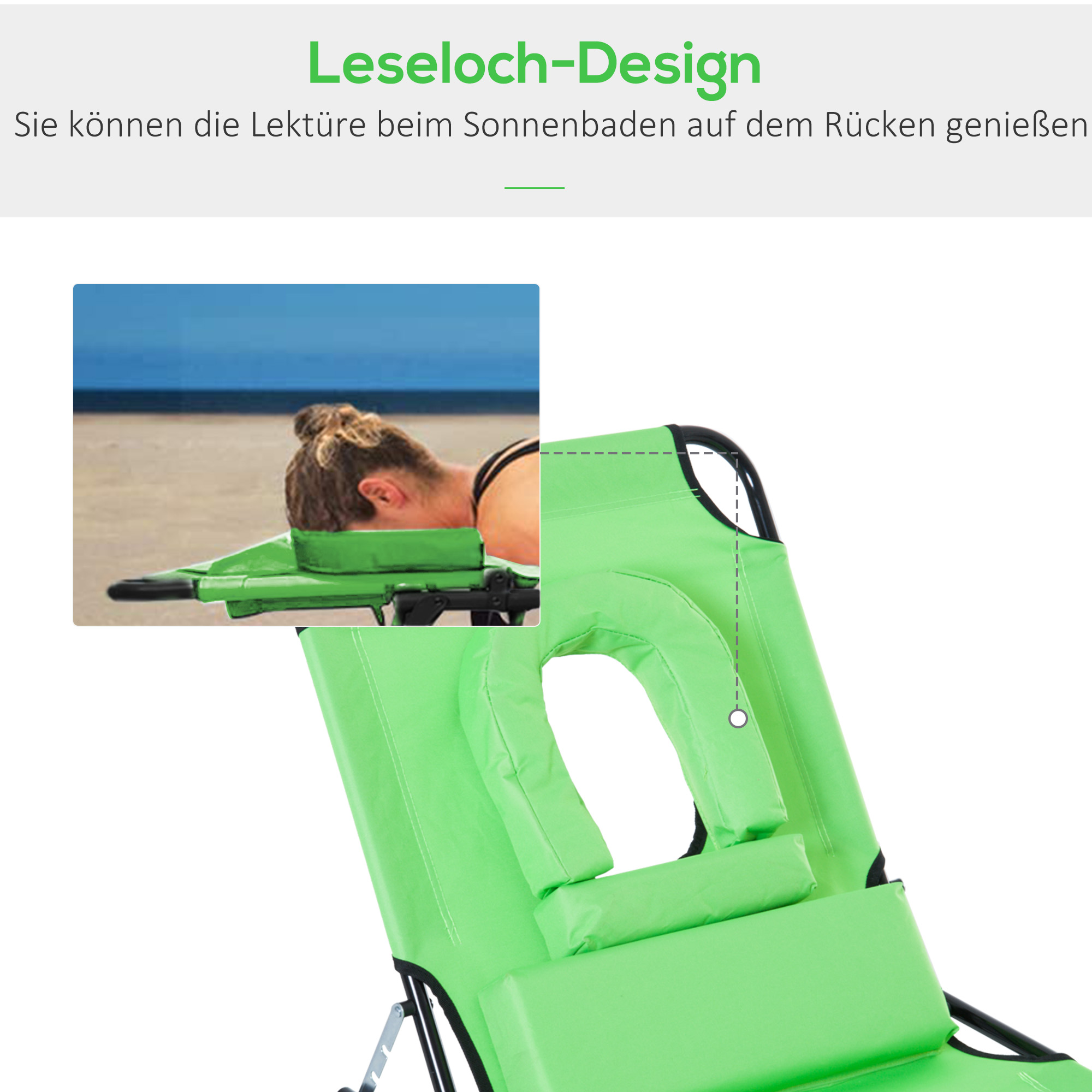 Sonnenliege mit Lesefenster & Kissen, klappbar, wasserabweisender Bezug, Metallrahmen, Grün