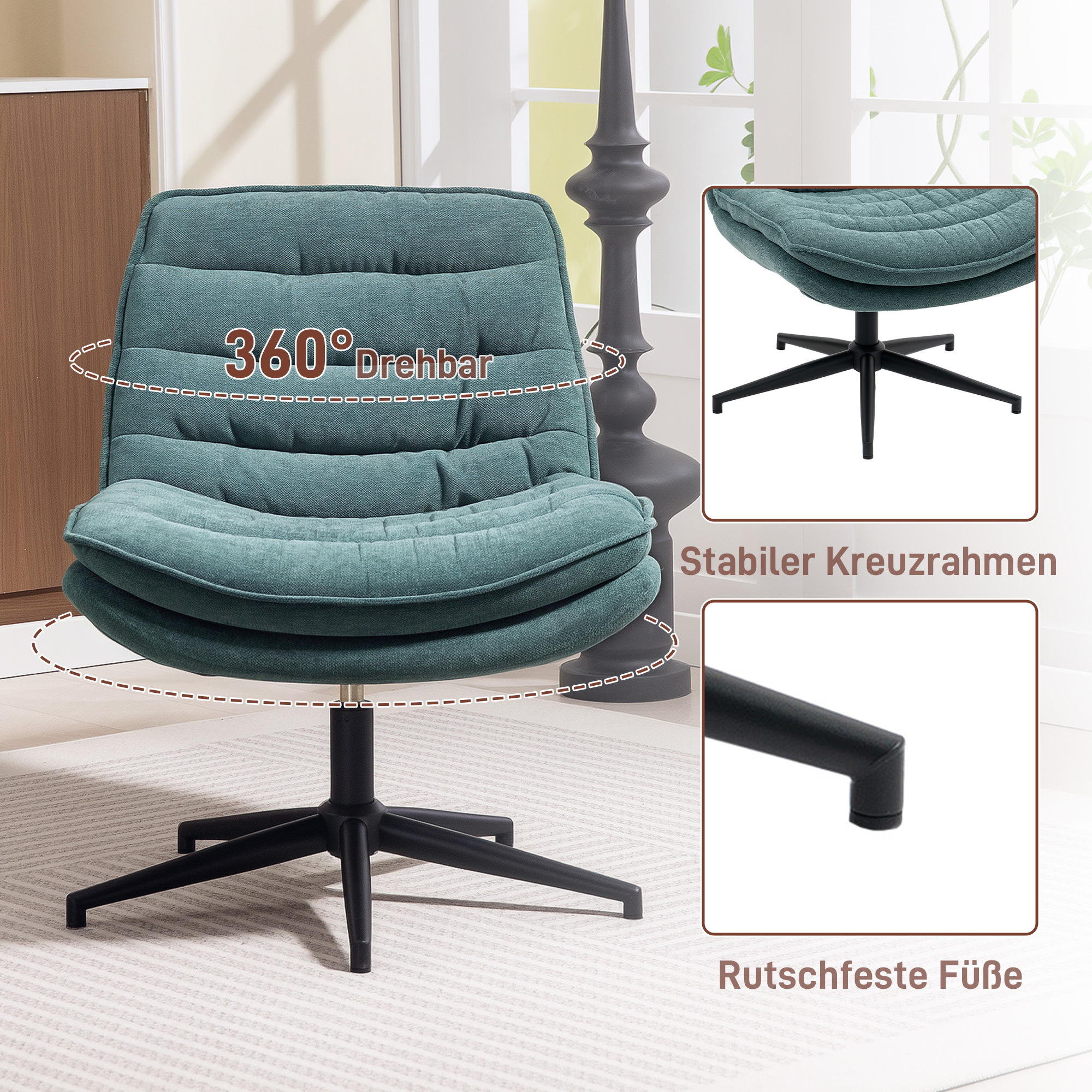 Drehbarer Bürostuhl mit breitem Sitz, Geräumiger Polsterstuhl fürs Büro, Arbeitszimmer, Dunkelgrün