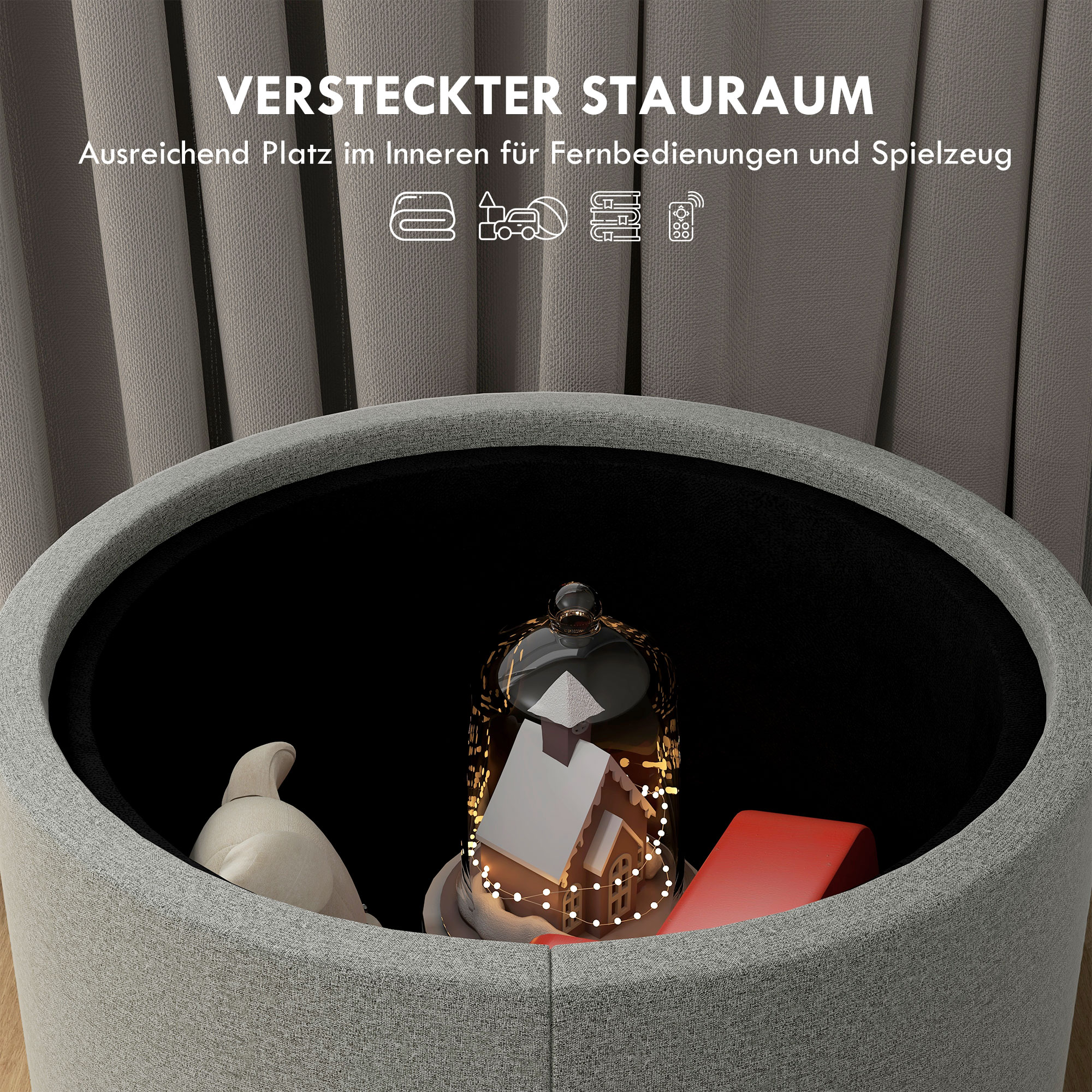 Hocker Polsterhocker, Leinen, versteckter Stauraum, umkehrbarer Deckel, 5 6cm x 56 cm x 42 cm, Grau + Natur