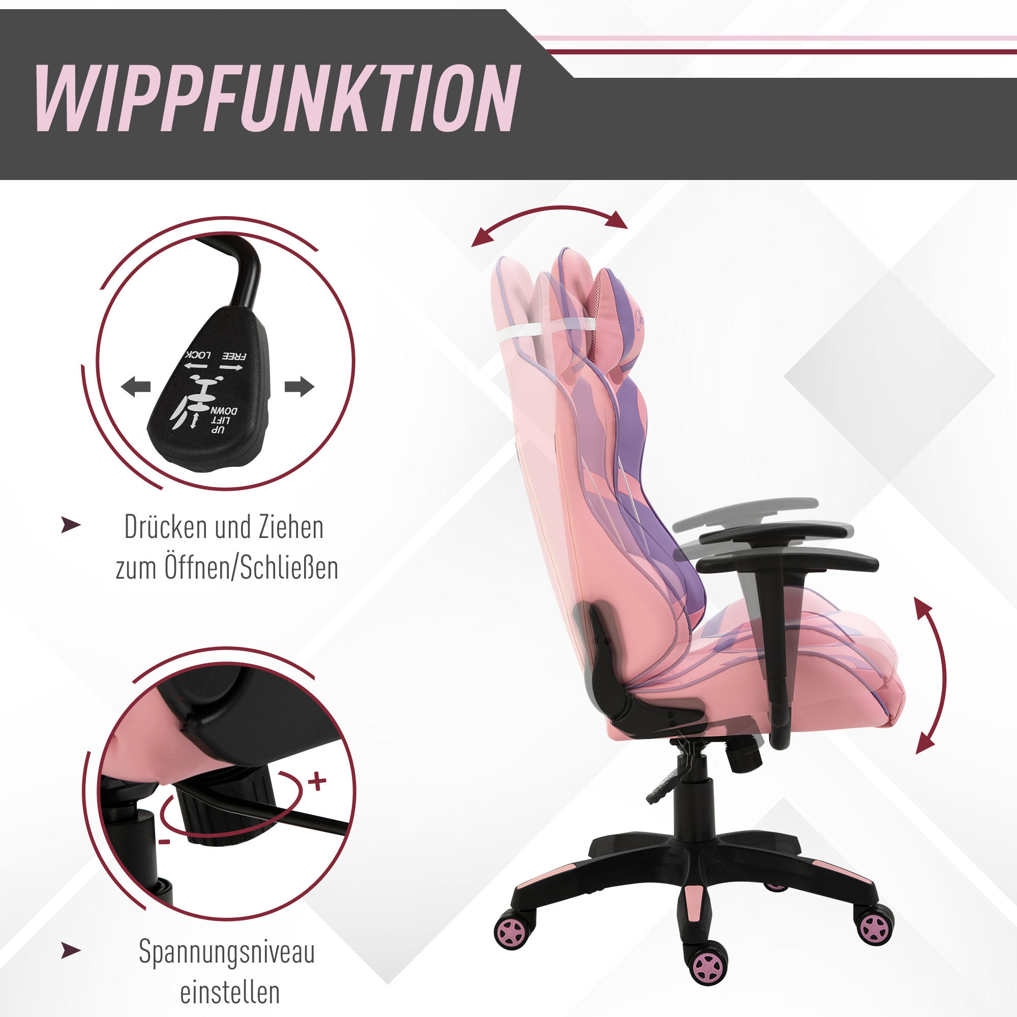 Ergonomischer Gaming Stuhl Bürostuhl Drehstuhl Verstellbares Massage Lendenkissen Höhenverstellbar Rosa&Violett 69x56x125,5 cm