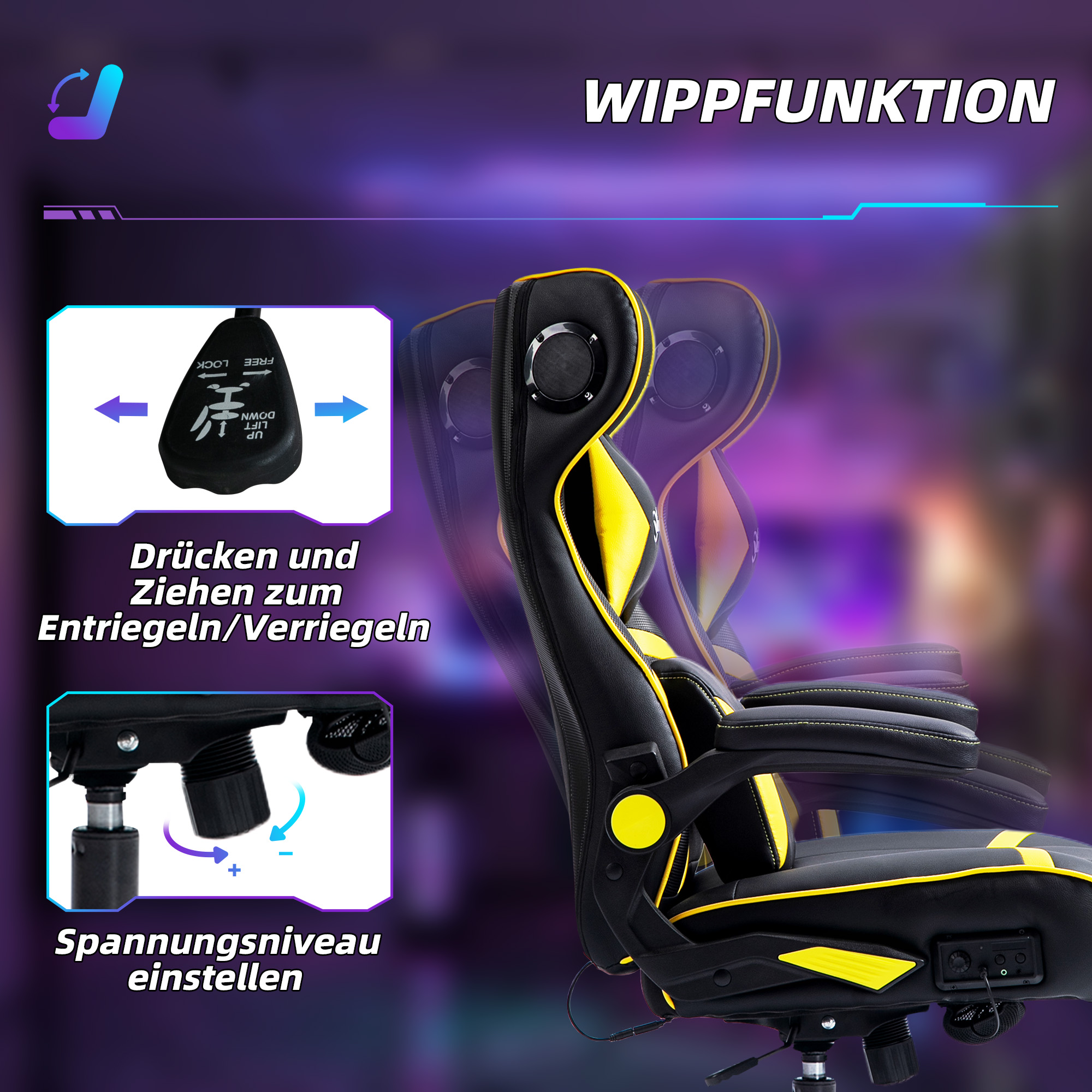 Gaming Stuhl mit Schaukelfunktion und Lautsprecher, Lenden- und Nackenstütze, für Spielzimmer, Kunstleder, Gelb+Schwarz