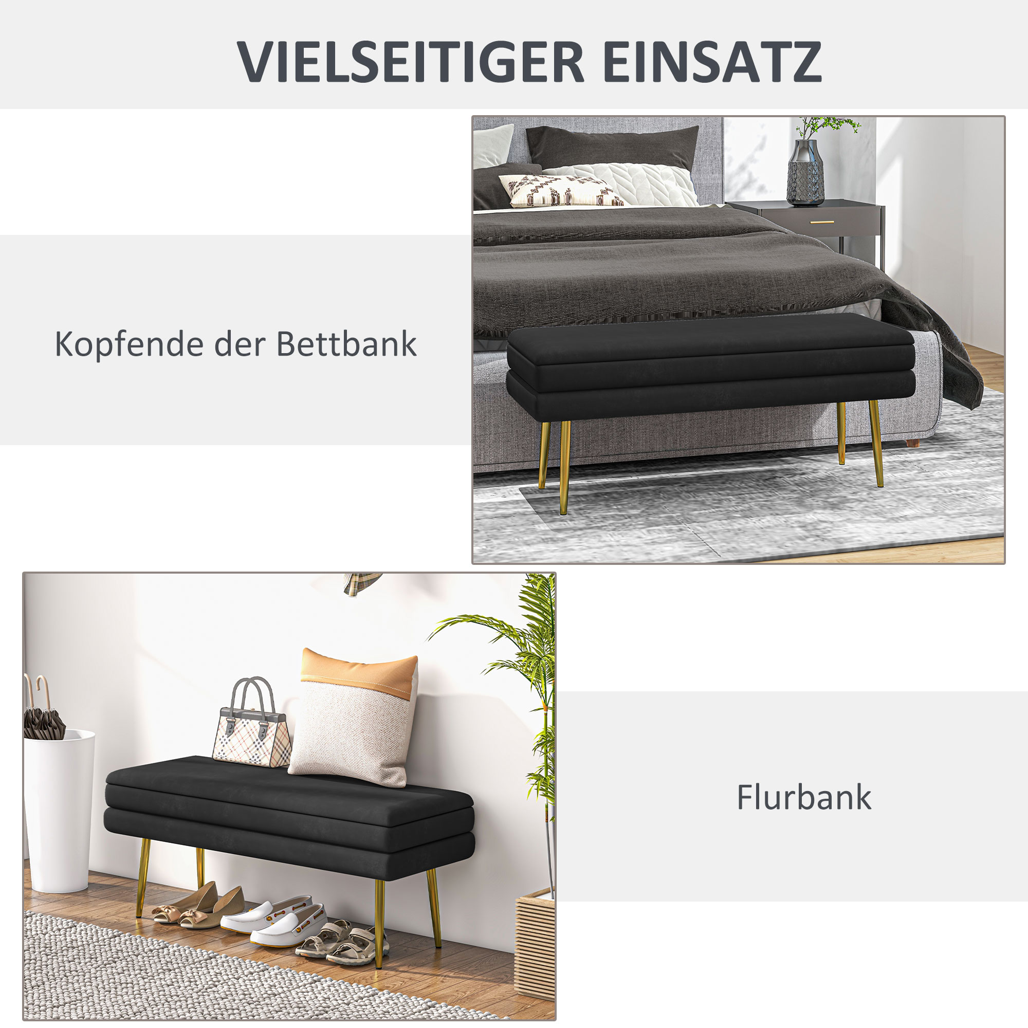 Sitzbank Polsterbank, mit Stauraum, Stahl, 100 cm x 37,5 cm x 42 cm, Schwarz