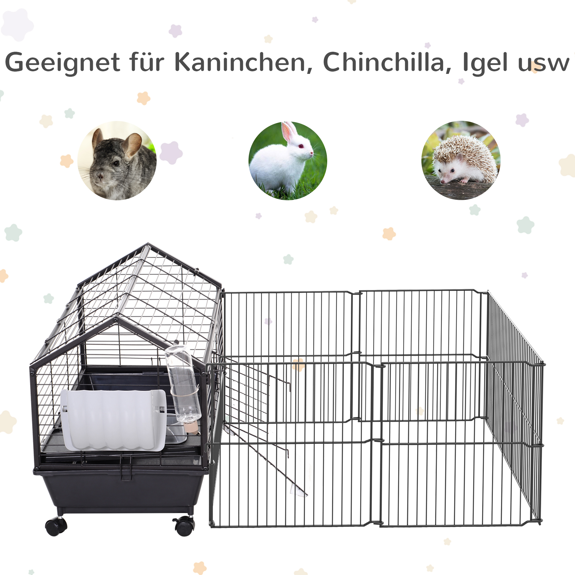 Kleintierkäfig mit Freigehege inkl, Zubehör 88 cm x 128,5 cm x 56 cm  4 Rollen Schwarz Metall Polypropylen