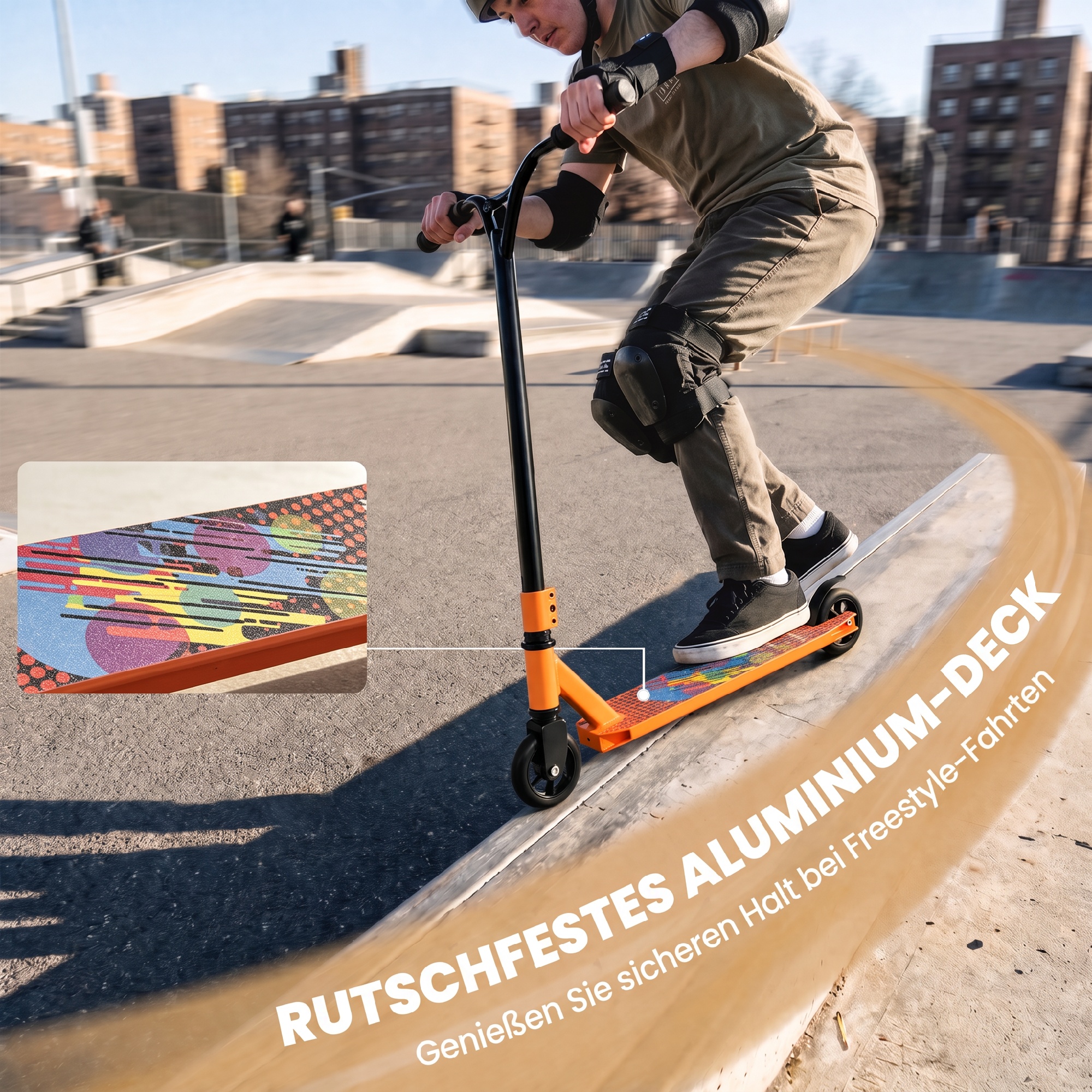 Stunt-Scooter für Erwachsene & Jugendliche, Trick-Scooter mit 100 mm PU-Rollen, 360° Stahl-Y-Lenker, Aluminium-Deck, ABEC-7, Orange