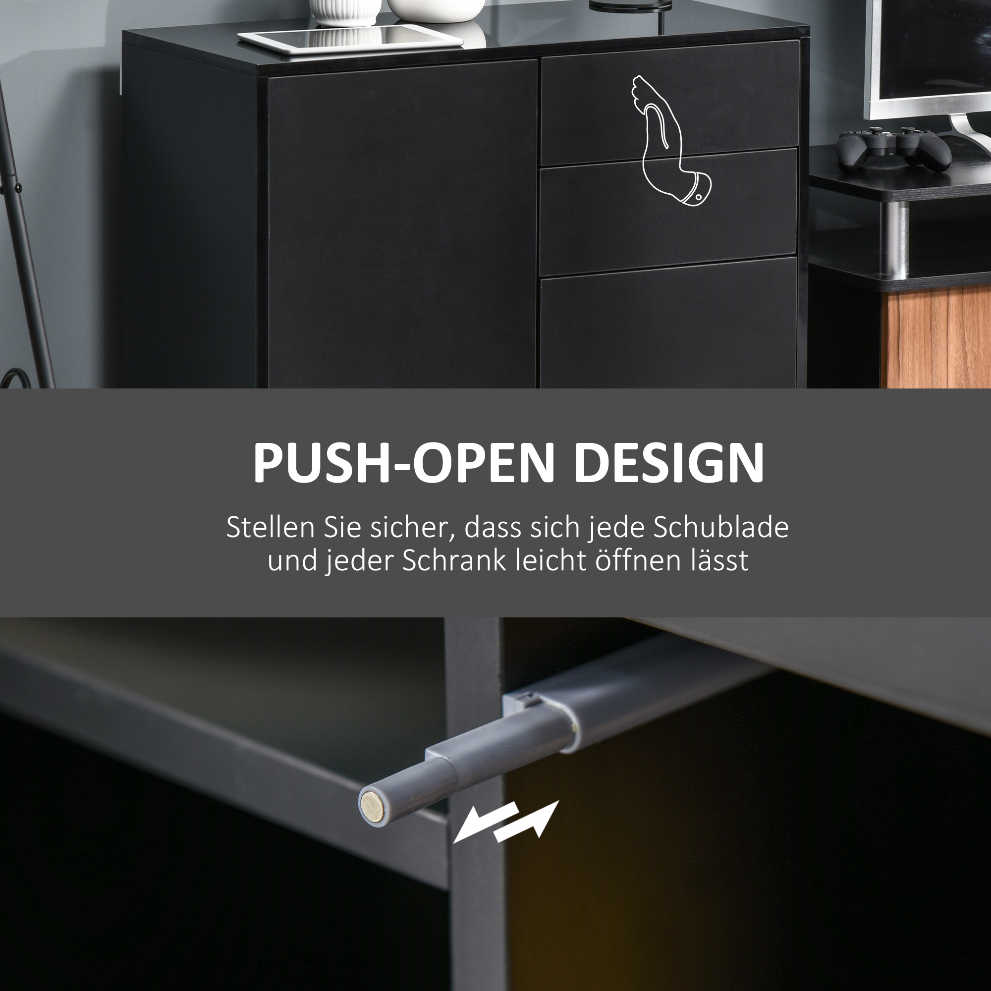 Aufbewahrungsschrank mit 2 Schubladen, 2 Türen, mit Kippschutz, für Wohnzimmer, Schlafzimmer, 79 x 36 x 74 cm, Schwarz